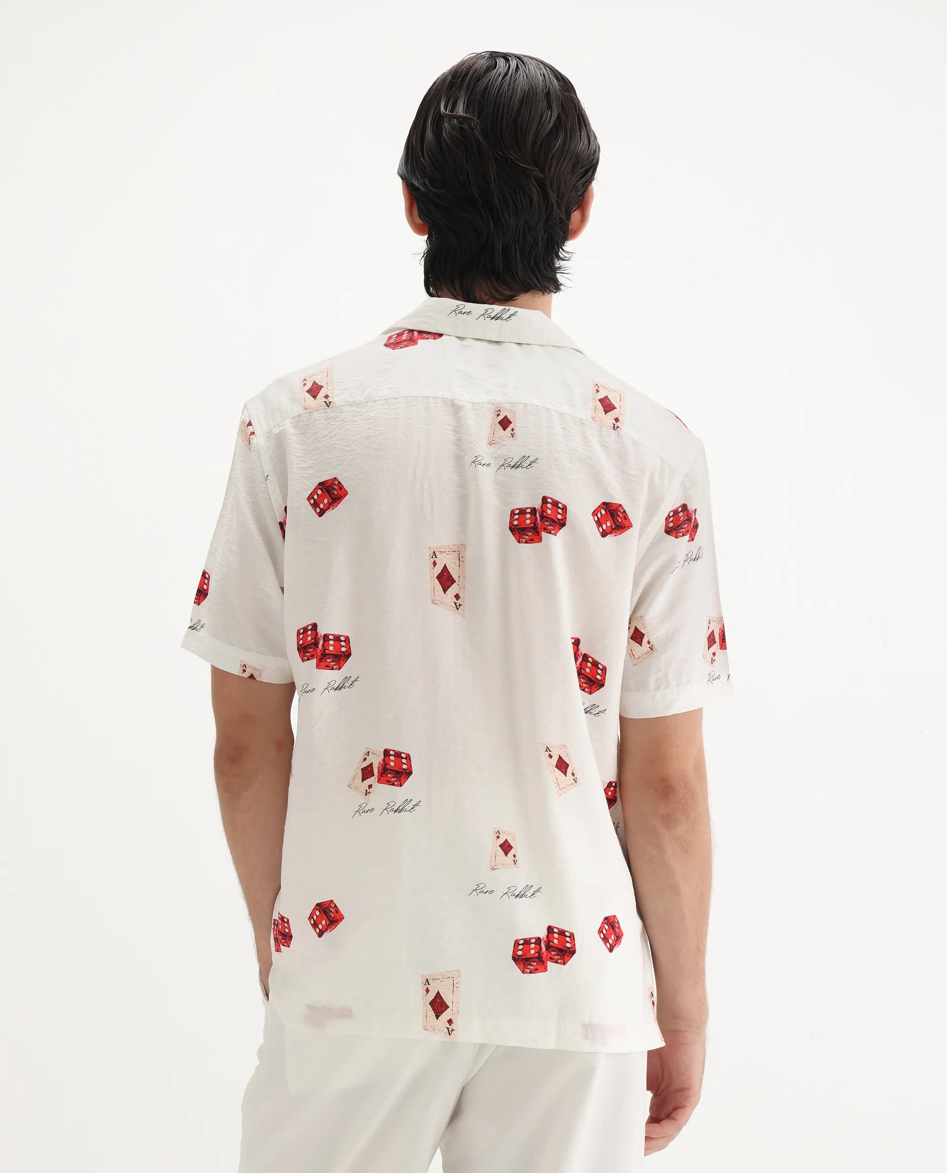 Rare Rabbit Men's Casi White Viscose Blend Decorative Print Relaxed Fit Half Sleeve Collared Shirt