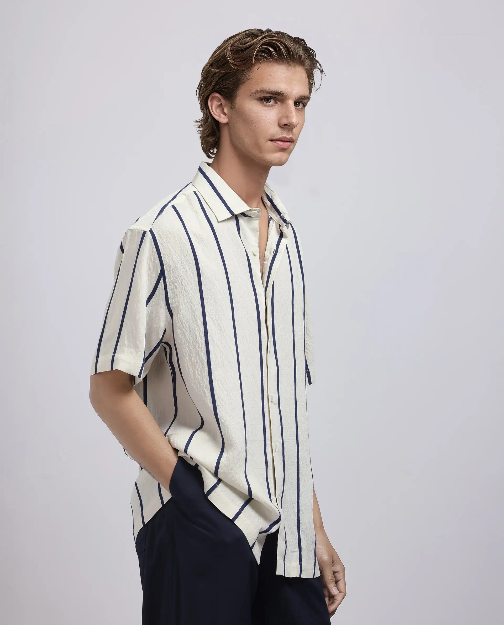 Rare Rabbit Men's Cask Navy Viscose Nylon Fabric Half Sleeve Spread Collar Button Closure Relaxed Fit Striped Shirt