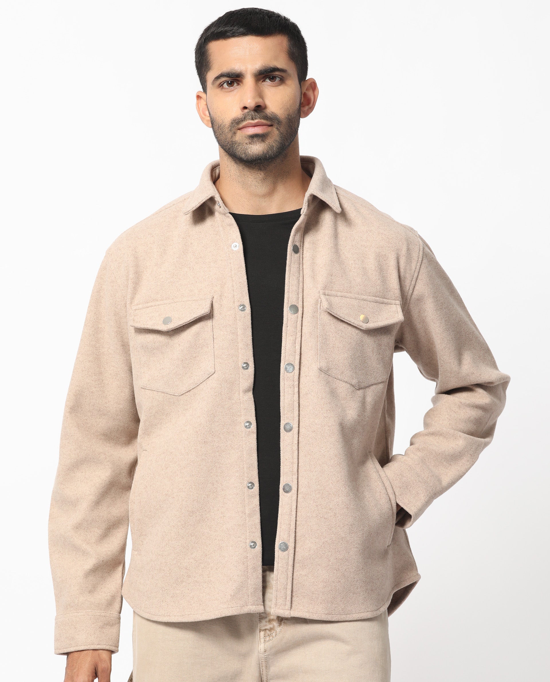 Rare Rabbit Men's Flinsten Beige Plain Regular Collar Twill Jacket