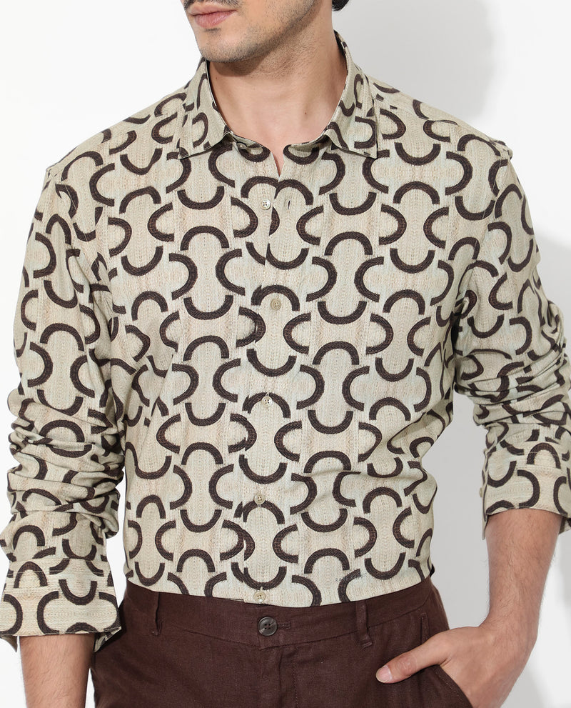 Rare Rabbit Men's Cason Beige Viscose Fabric Full Sleeve Geometric Print Shirt