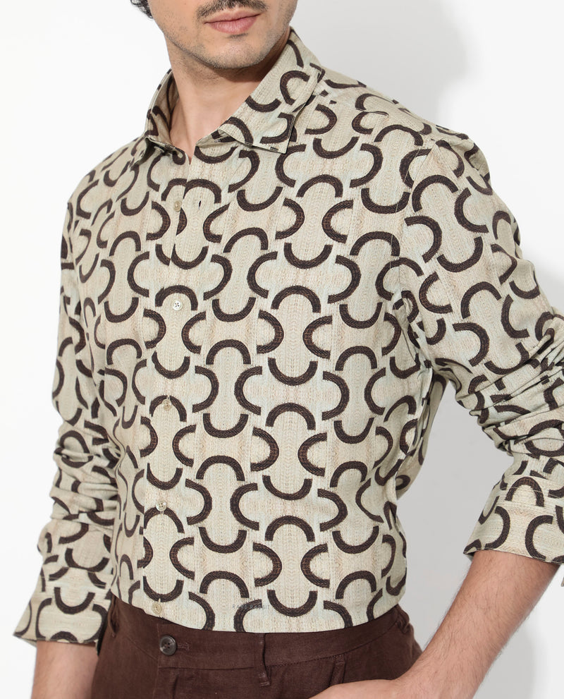 Rare Rabbit Men's Cason Beige Viscose Fabric Full Sleeve Geometric Print Shirt