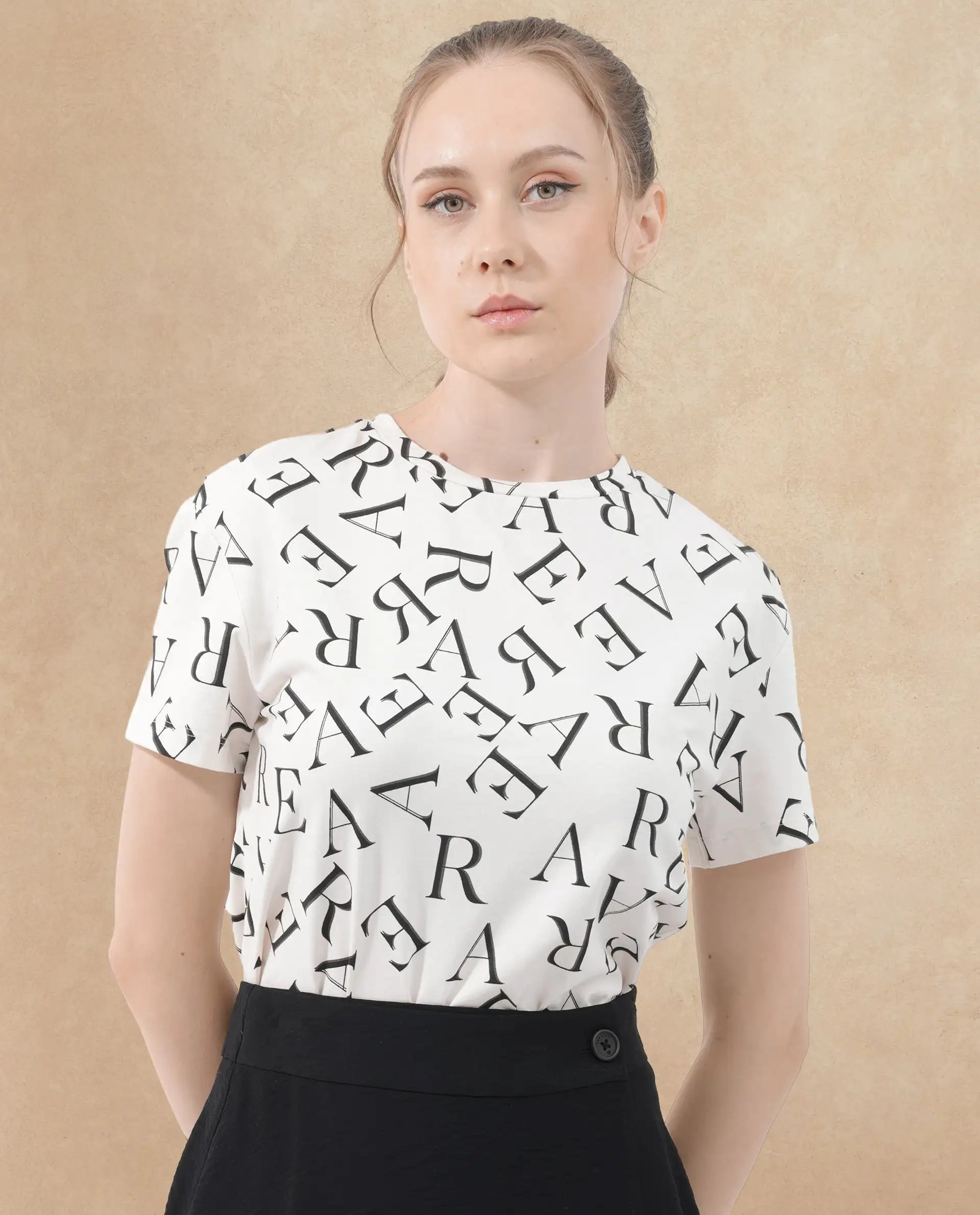 Rareism Women Cassia Off White Cotton Elastane Fabric Crew Neck Knit Solid T-Shirt