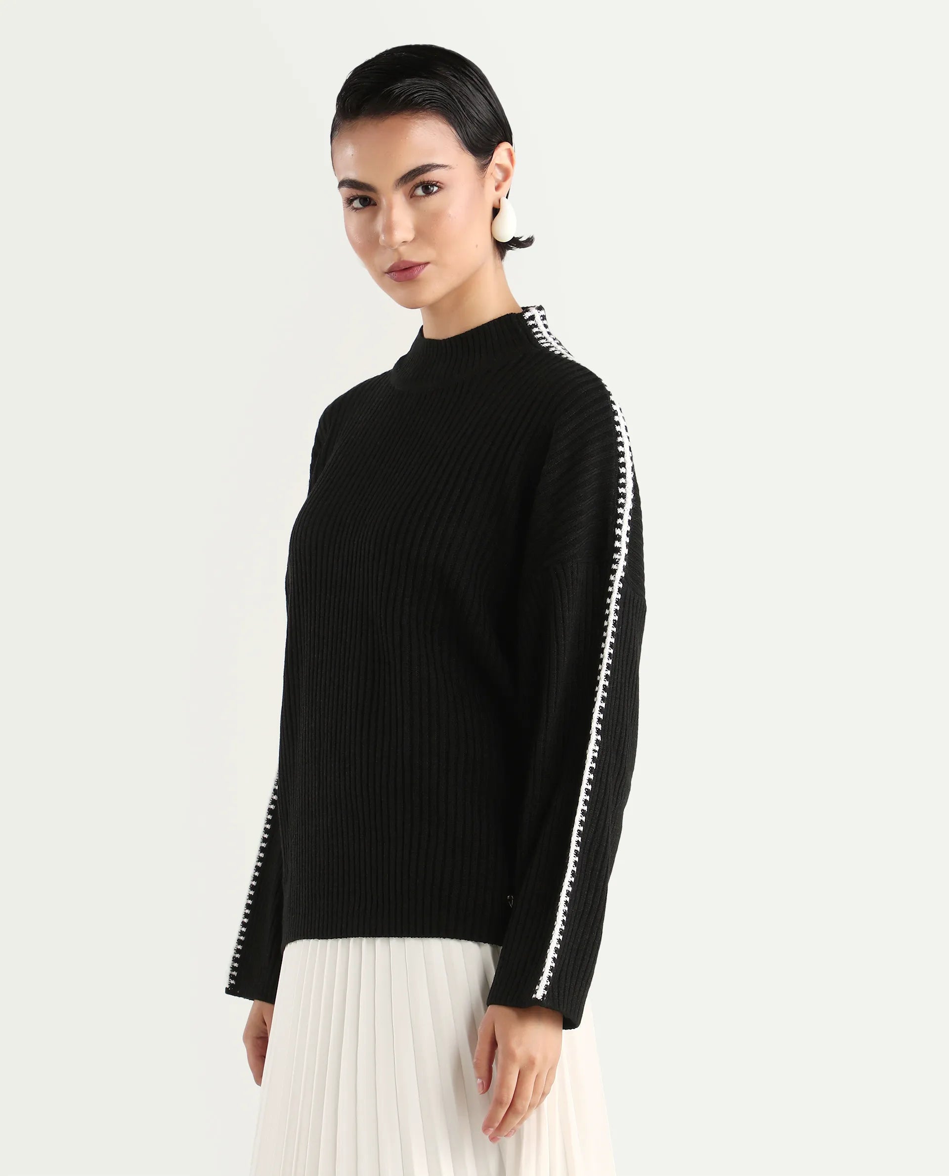 Rareism Women's Cassiopiea Black Acrylic High Neck Plain Relaxed Fit Sweater