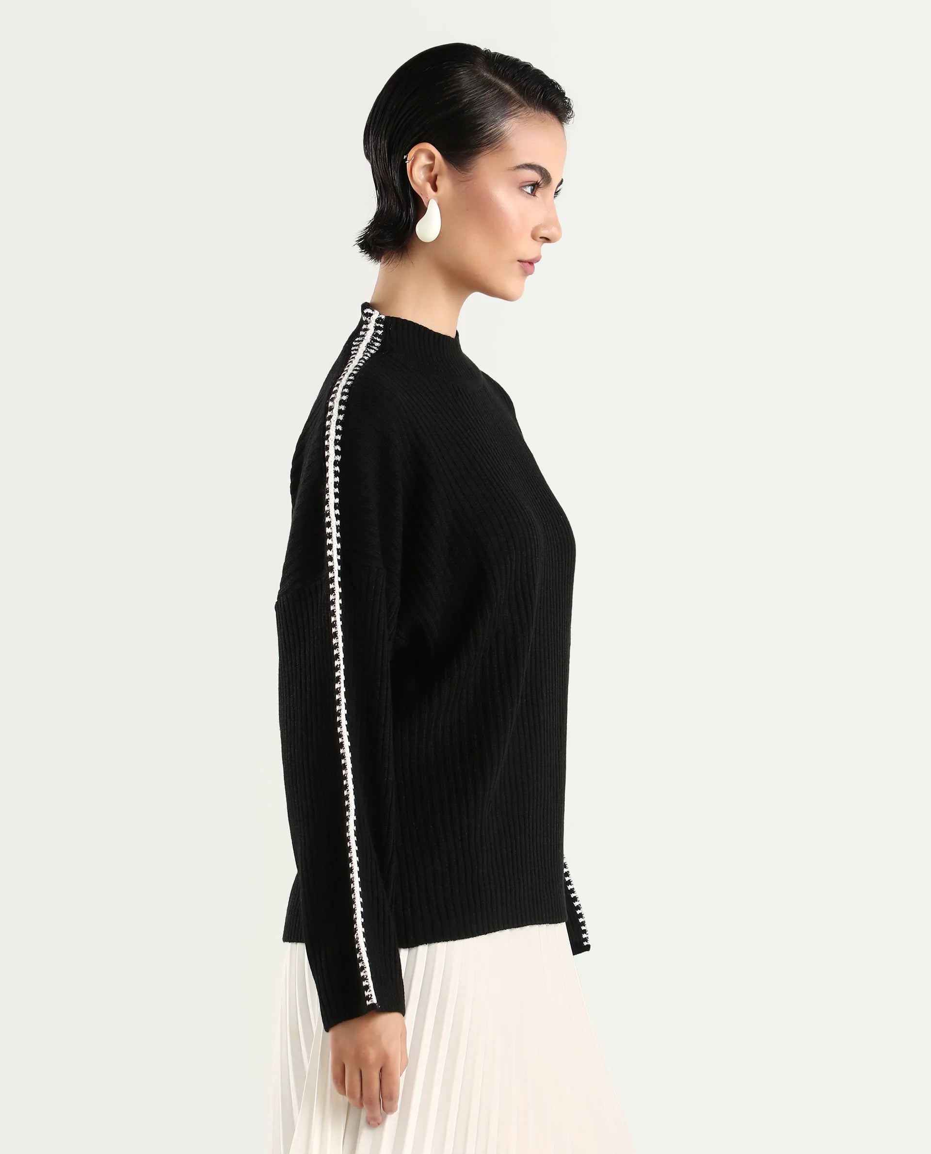 Rareism Women's Cassiopiea Black Acrylic High Neck Plain Relaxed Fit Sweater