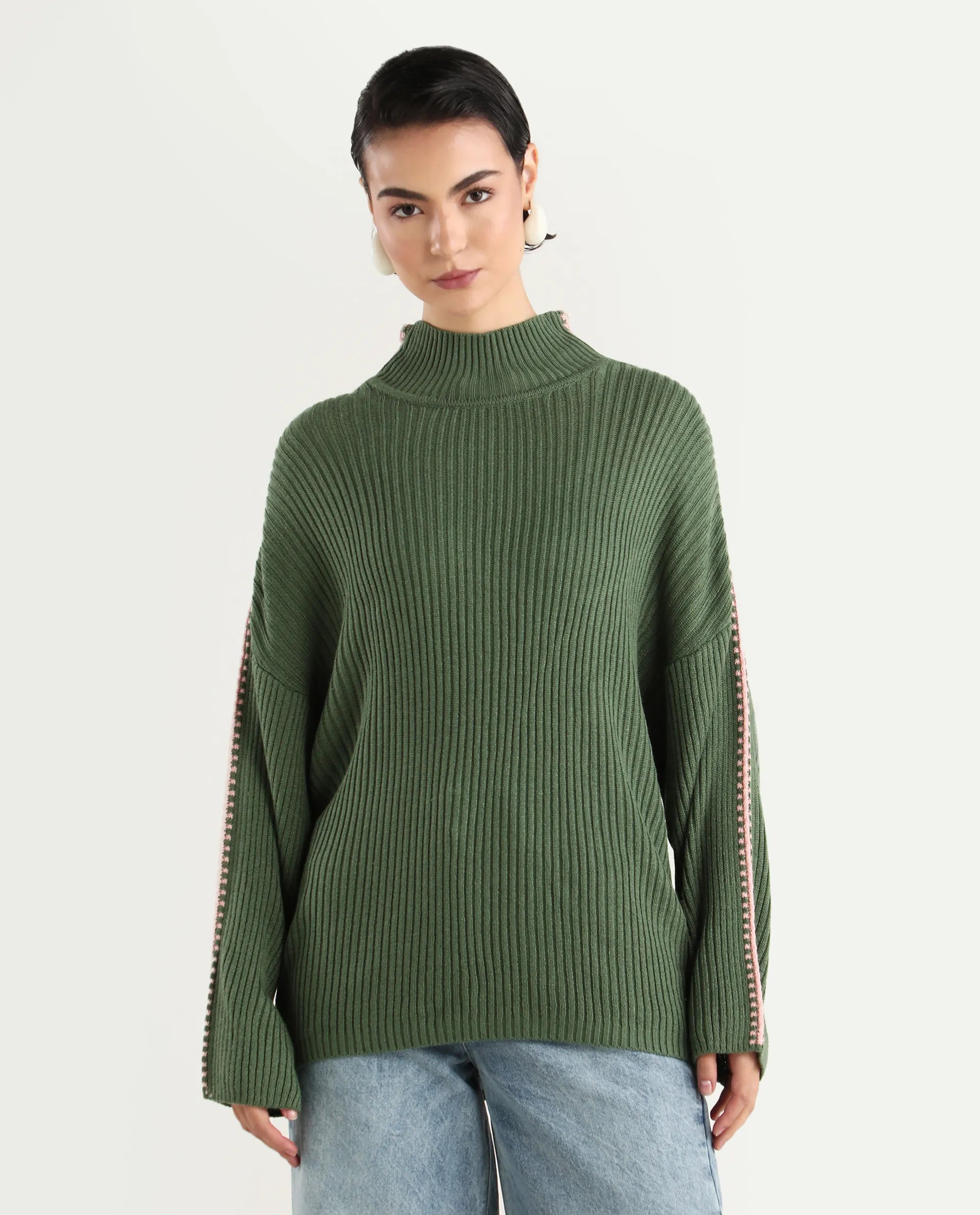 Rareism Women's Cassiopiea Olive Acrylic High Neck Plain Relaxed Fit Sweater
