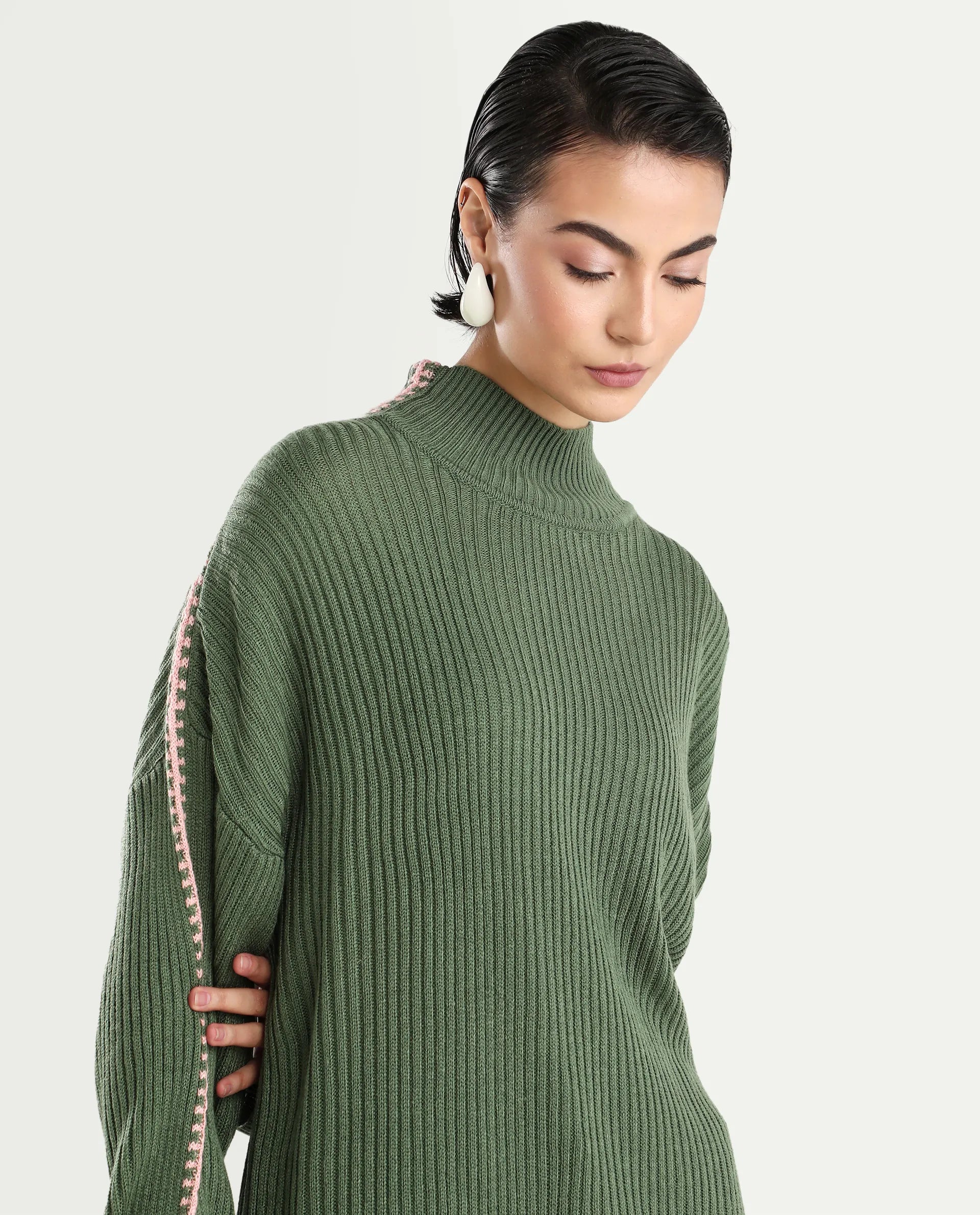 Rareism Women's Cassiopiea Olive Acrylic High Neck Plain Relaxed Fit Sweater