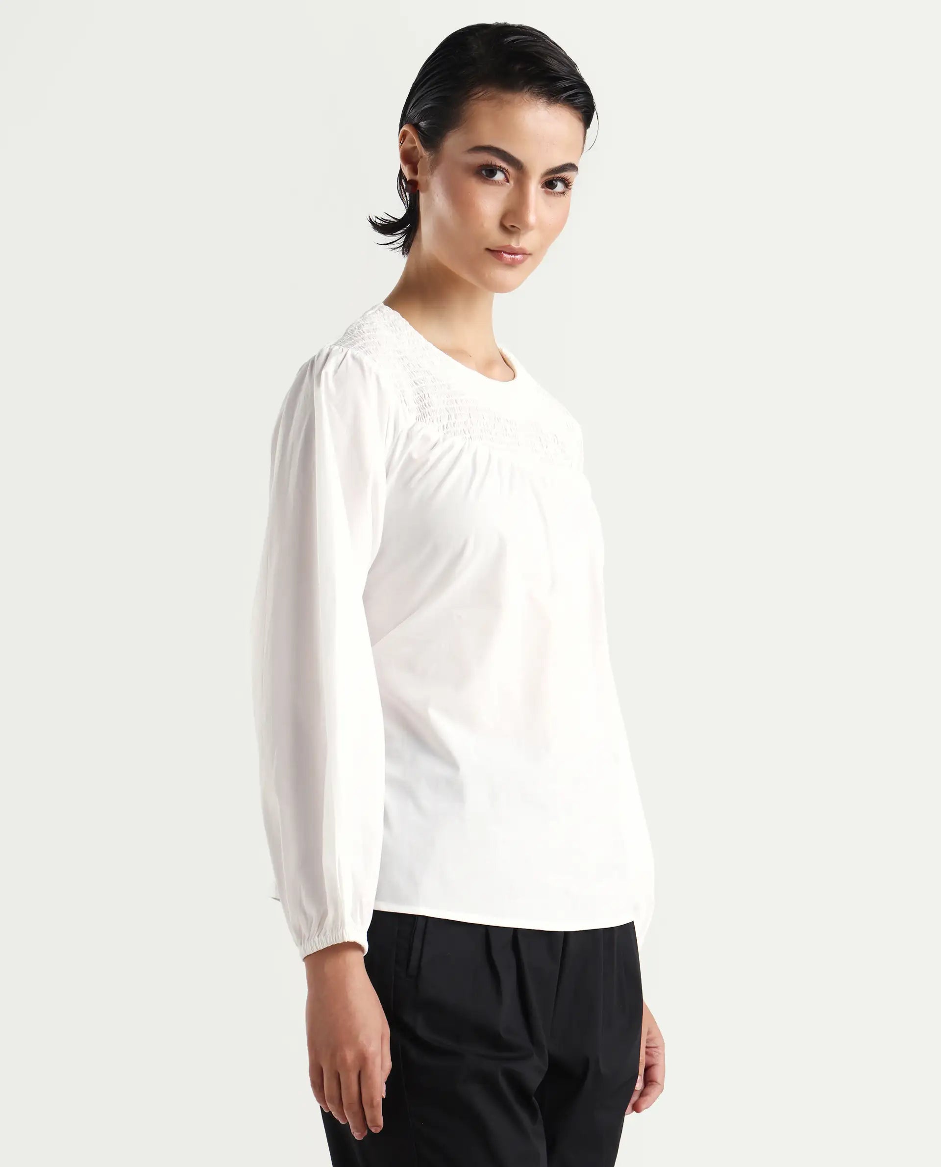 Rareism Women's Cassius White Cotton Crew Neck Plain Volume Sleeve Regular Fit Top