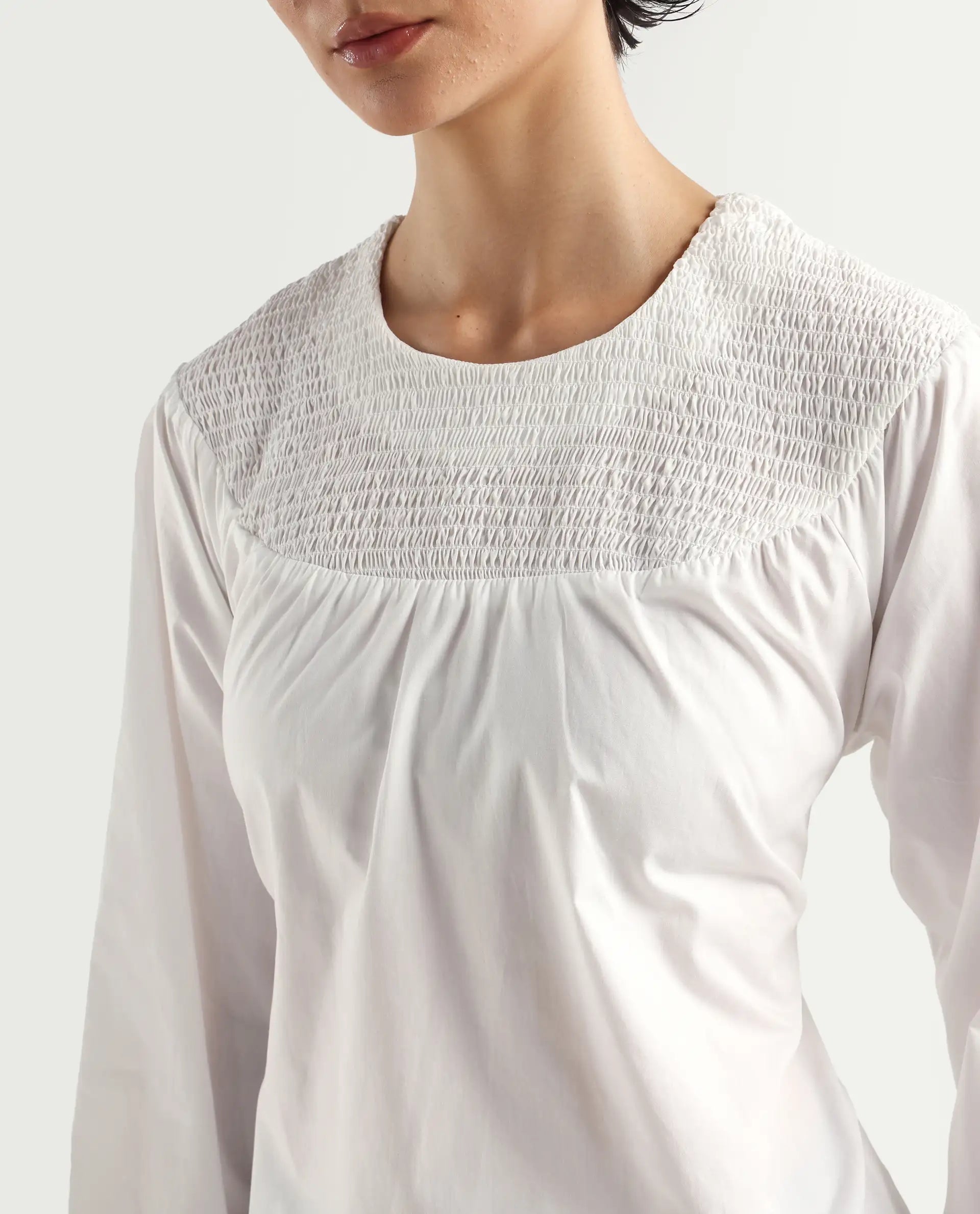 Rareism Women's Cassius White Cotton Crew Neck Plain Volume Sleeve Regular Fit Top