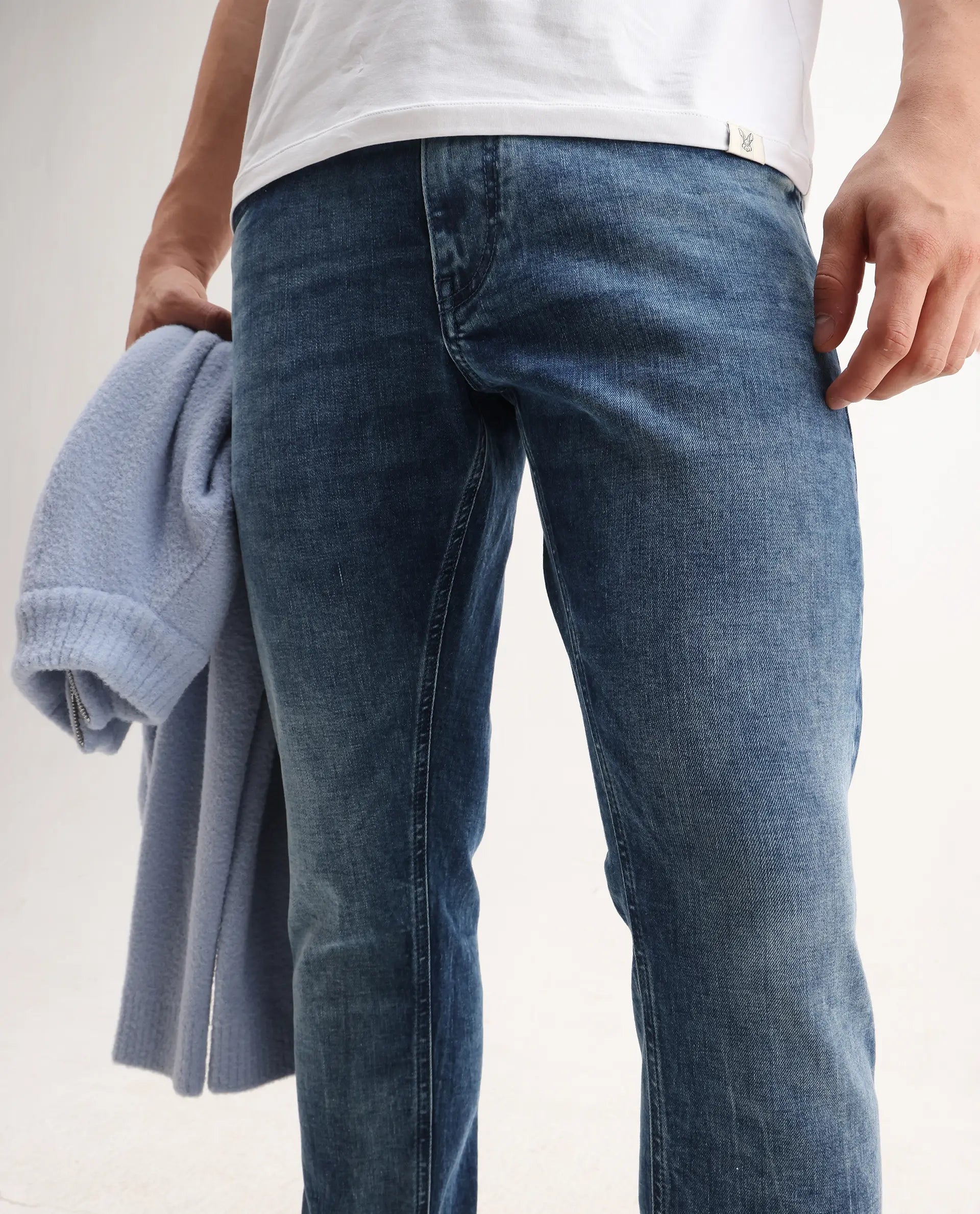 Rare Rabbit Men's Cast Blue Cotton Blend Plain Hawk Slim Fit Jeans