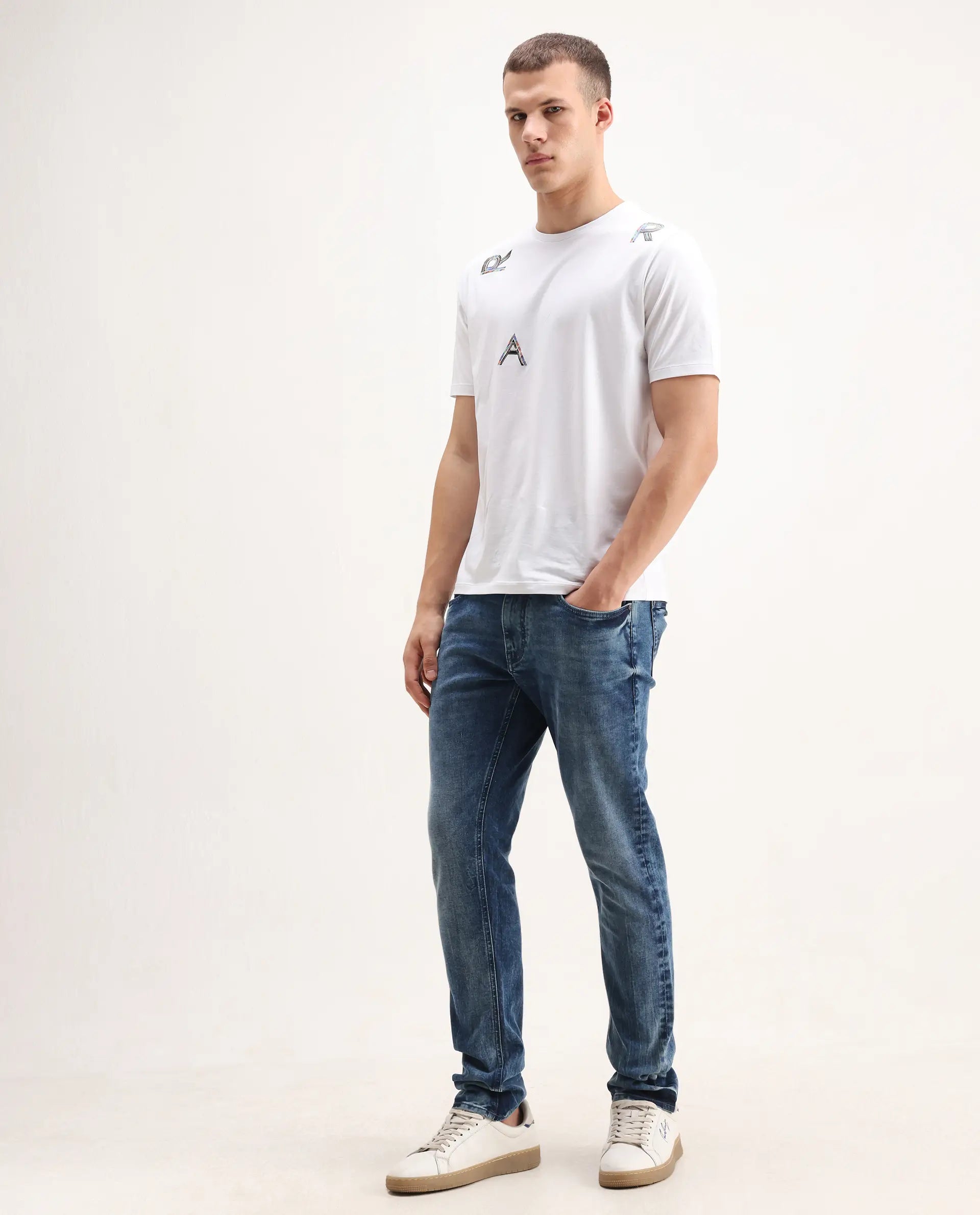 Rare Rabbit Men's Cast Blue Cotton Blend Plain Hawk Slim Fit Jeans