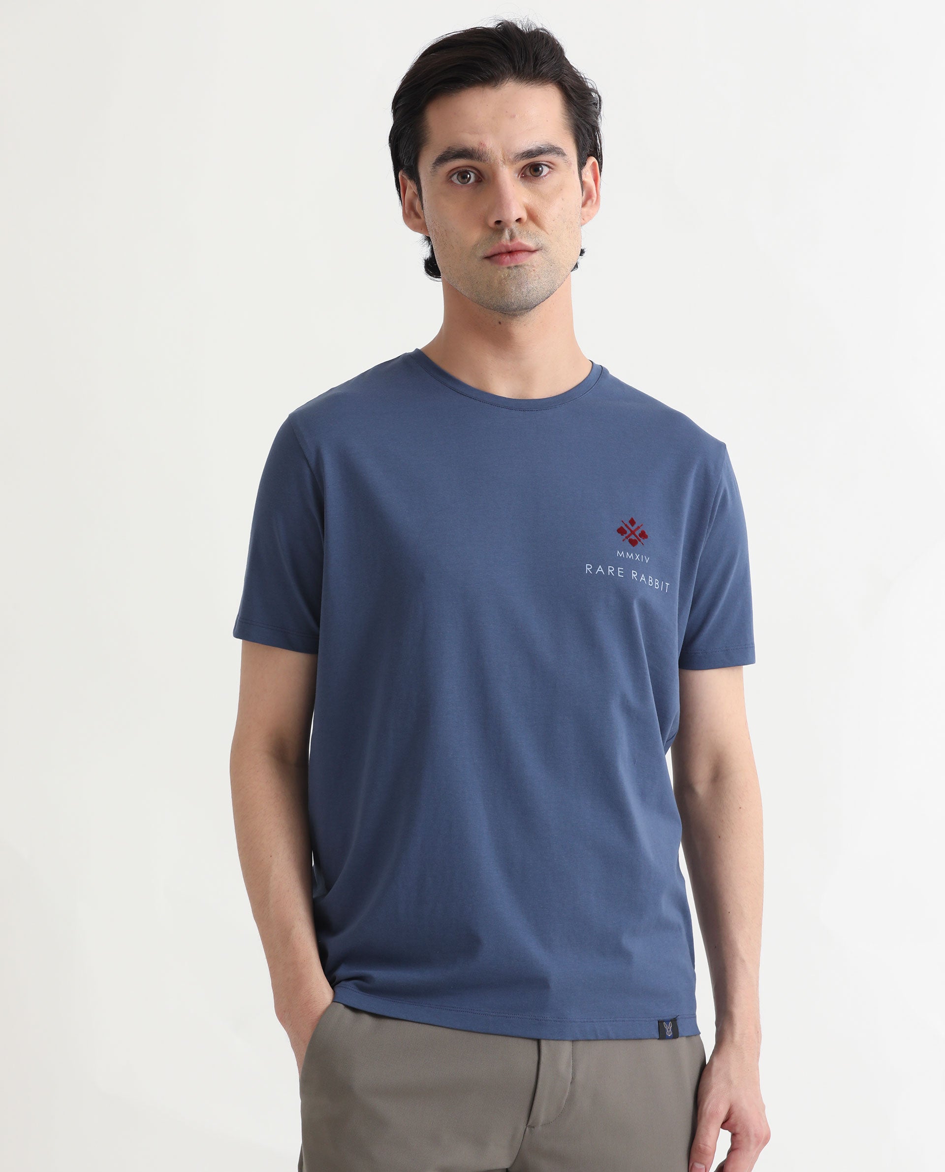 Rare Rabbit Men's Castel Blue Crew Neck Graphic Print Branded Half Sleeves T-Shirt