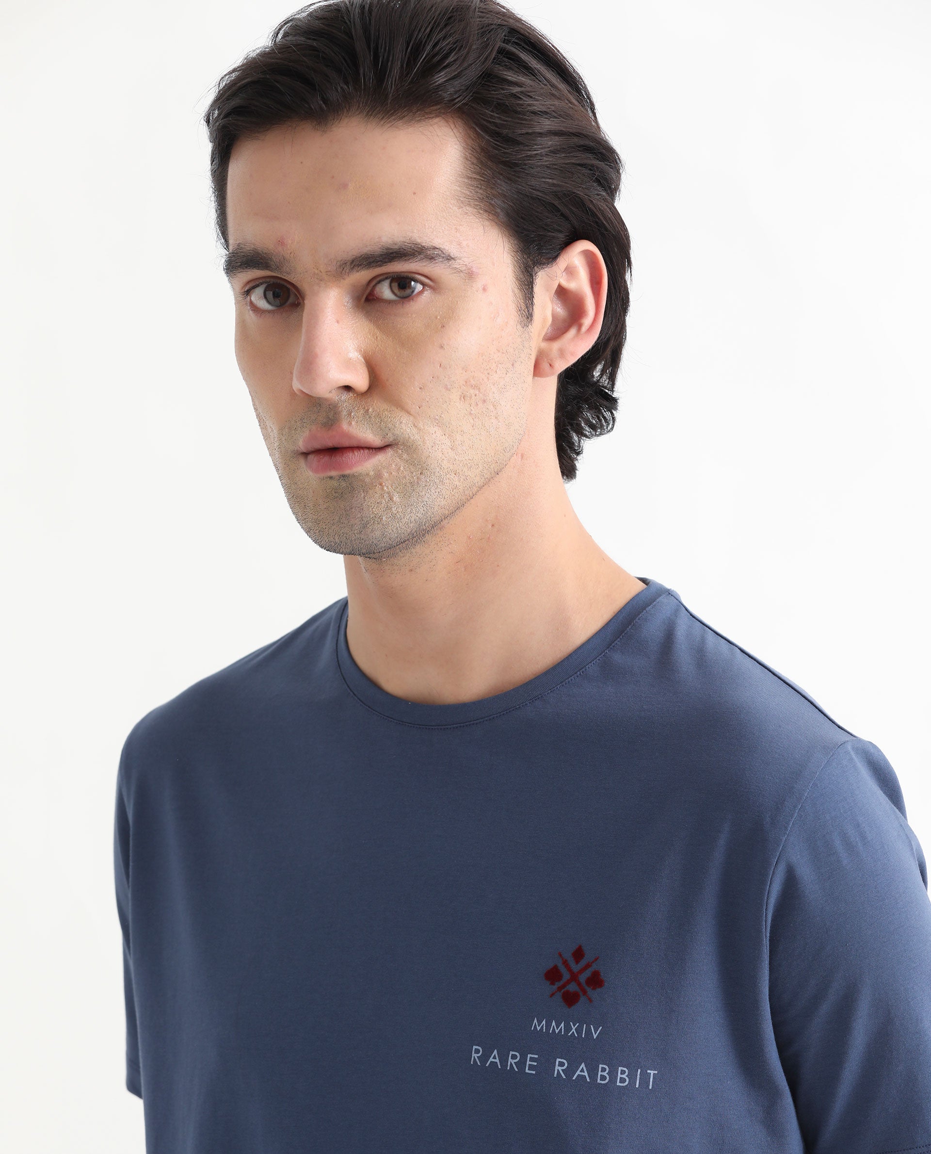 Rare Rabbit Men's Castel Blue Crew Neck Graphic Print Branded Half Sleeves T-Shirt