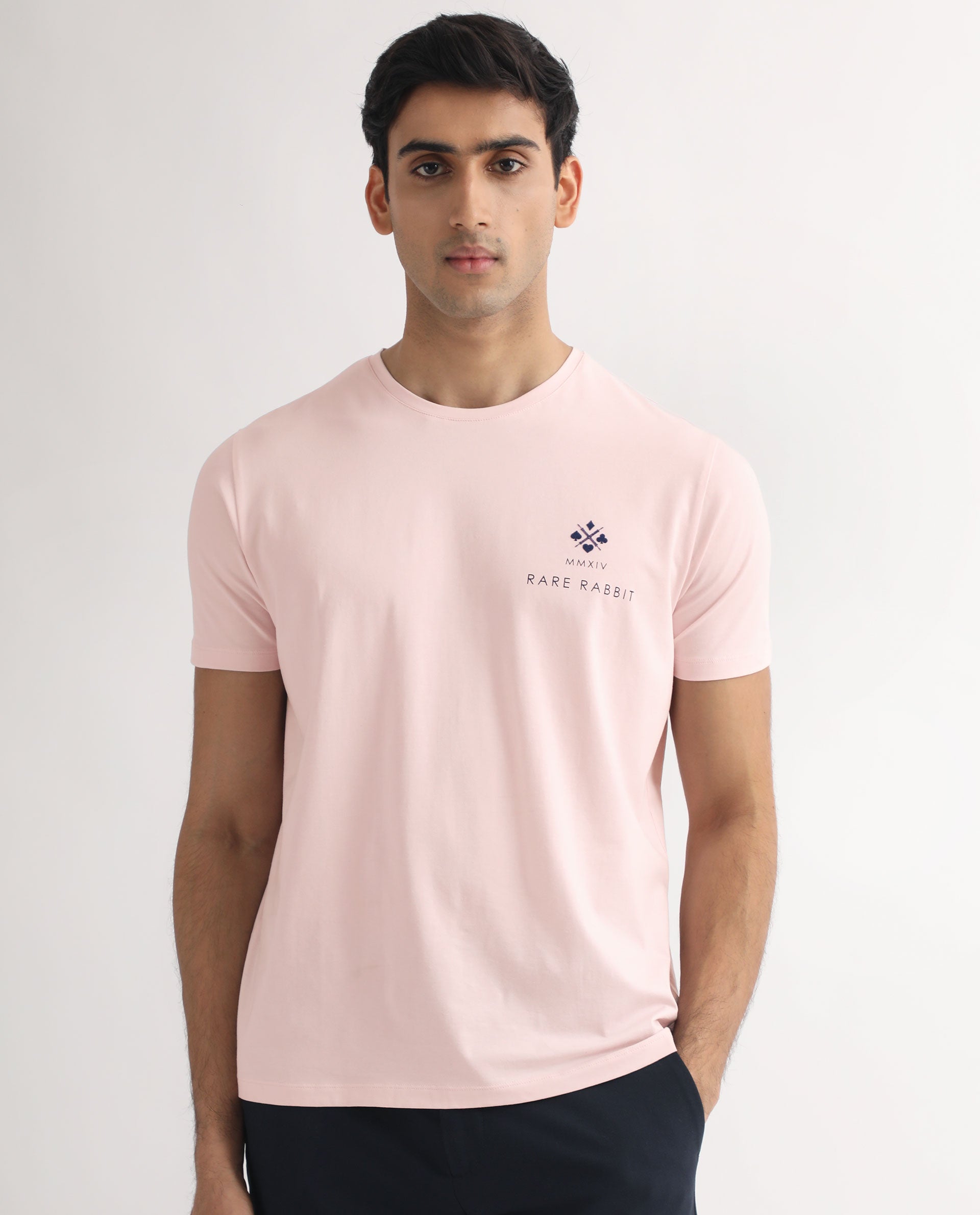 Rare Rabbit Men's Castel Light Pink Crew Neck Graphic Print Branded Half Sleeves T-Shirt
