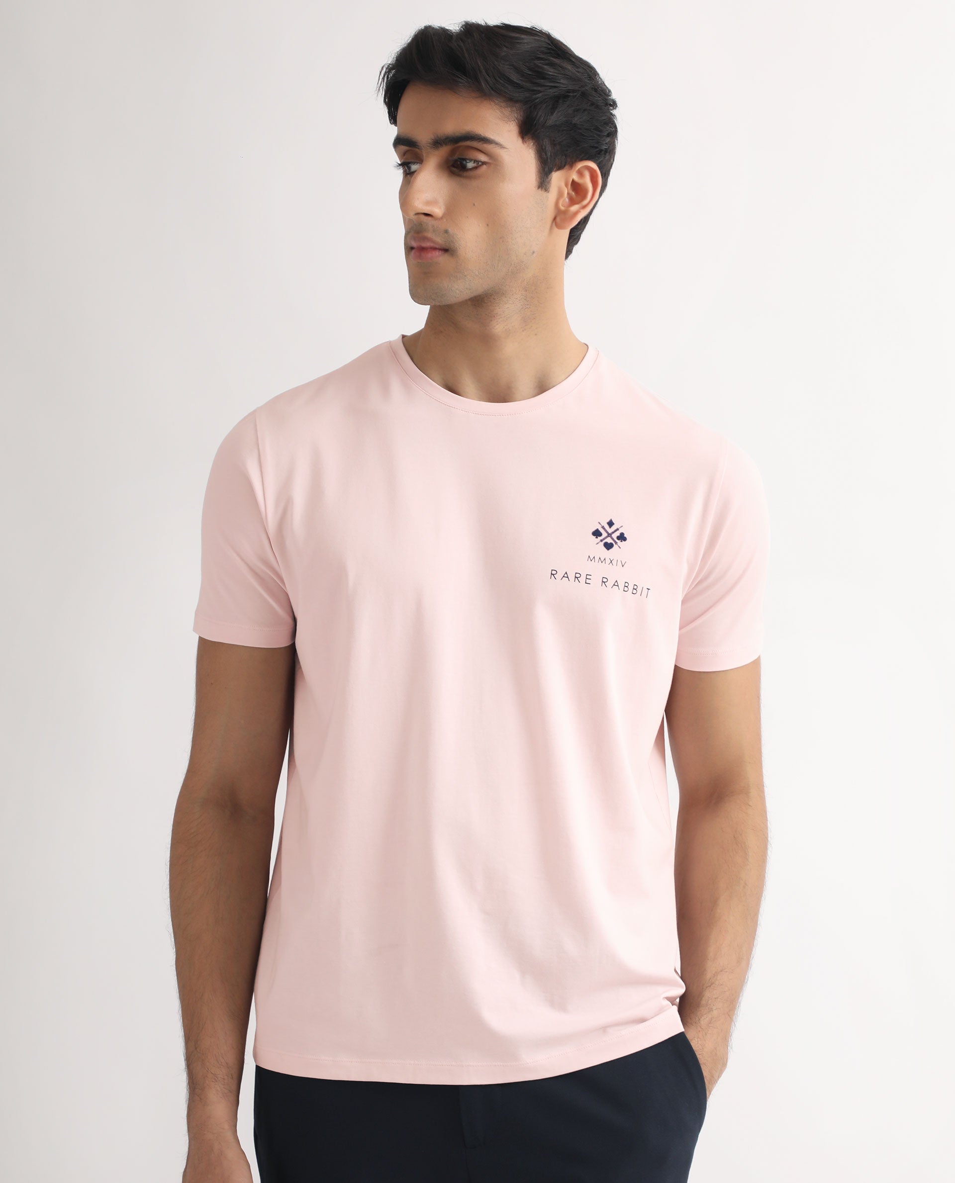 Rare Rabbit Men's Castel Light Pink Crew Neck Graphic Print Branded Half Sleeves T-Shirt
