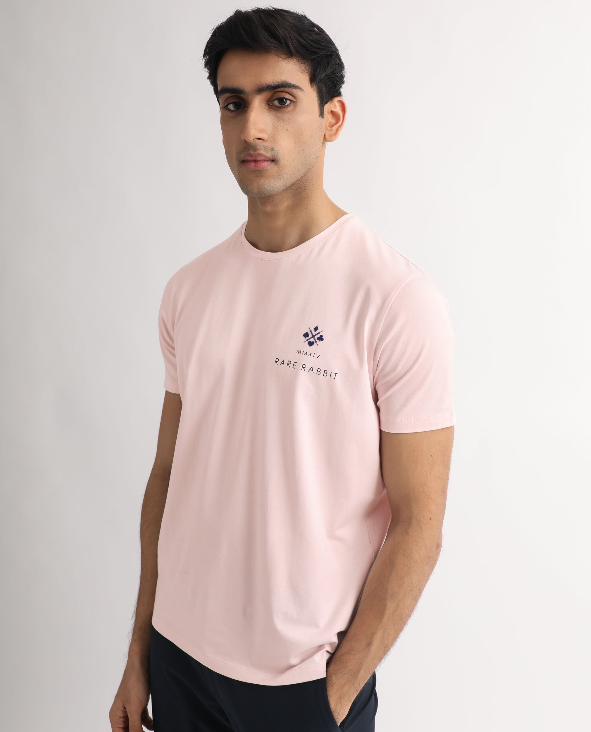 Rare Rabbit Men's Castel Light Pink Crew Neck Graphic Print Branded Half Sleeves T-Shirt