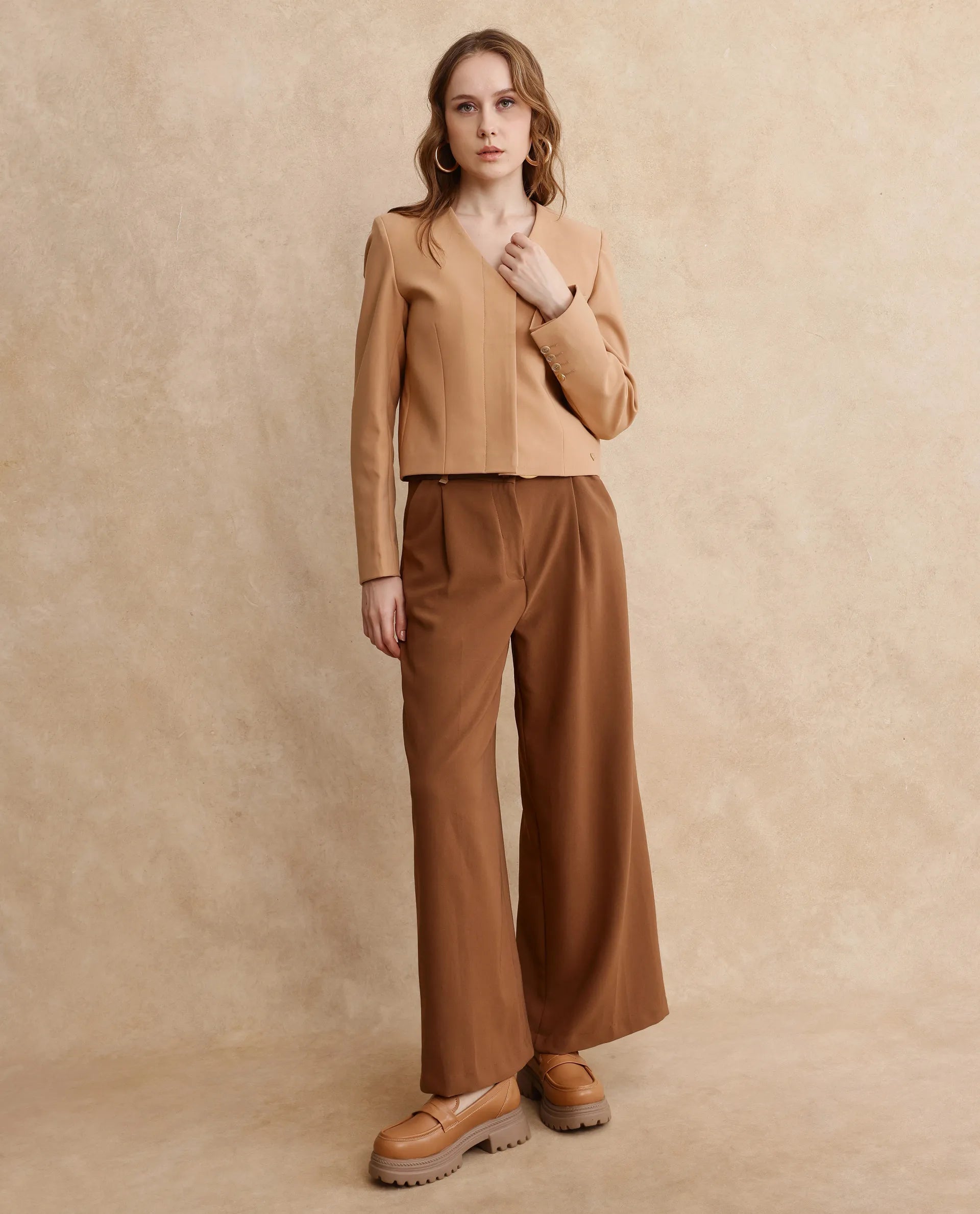 Rareism Women Castlei Beige Full Sleeve V-Neck Button Closure Plain Jacket