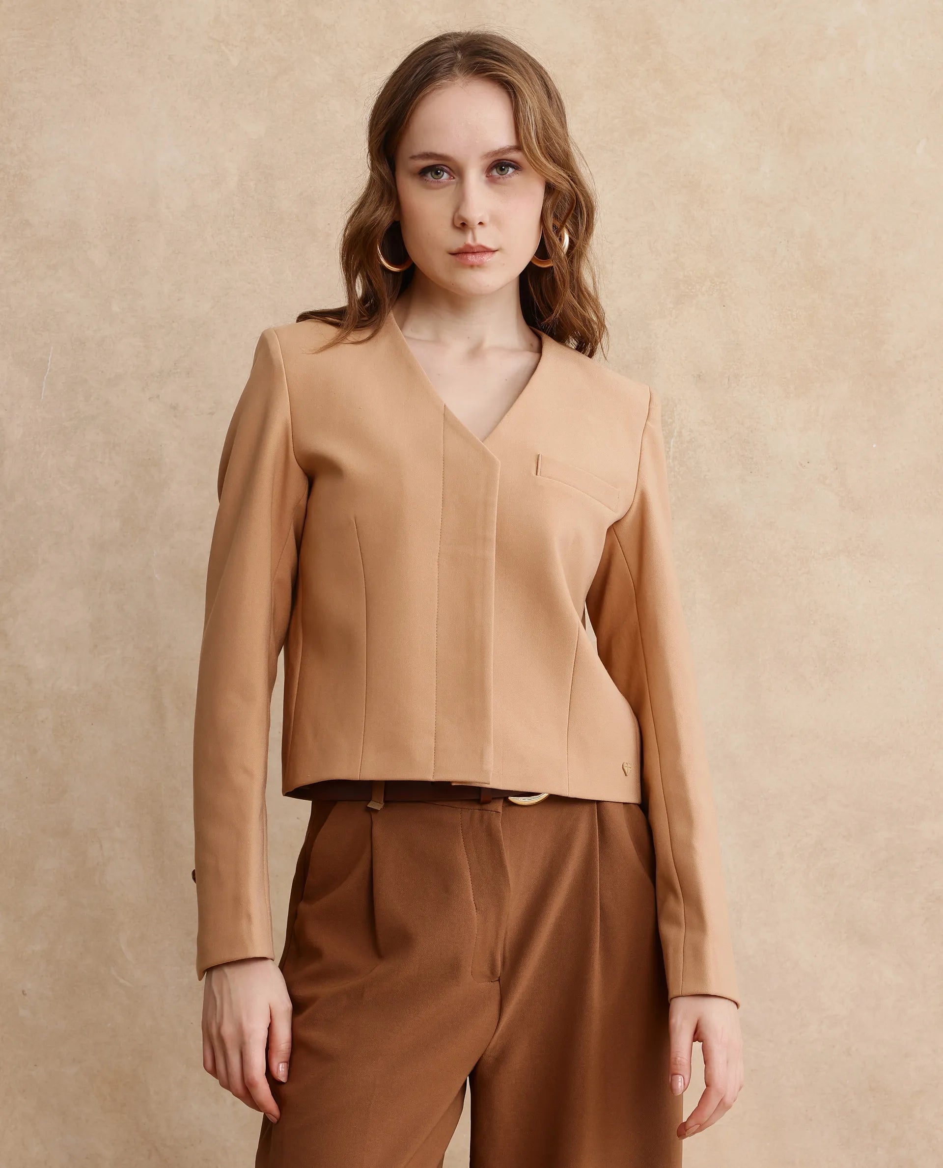 Rareism Women Castlei Beige Full Sleeve V-Neck Button Closure Plain Jacket