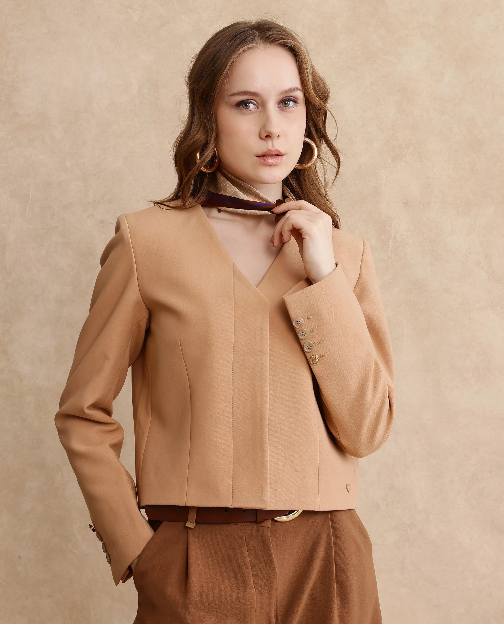 Rareism Women Castlei Beige Full Sleeve V-Neck Button Closure Plain Jacket