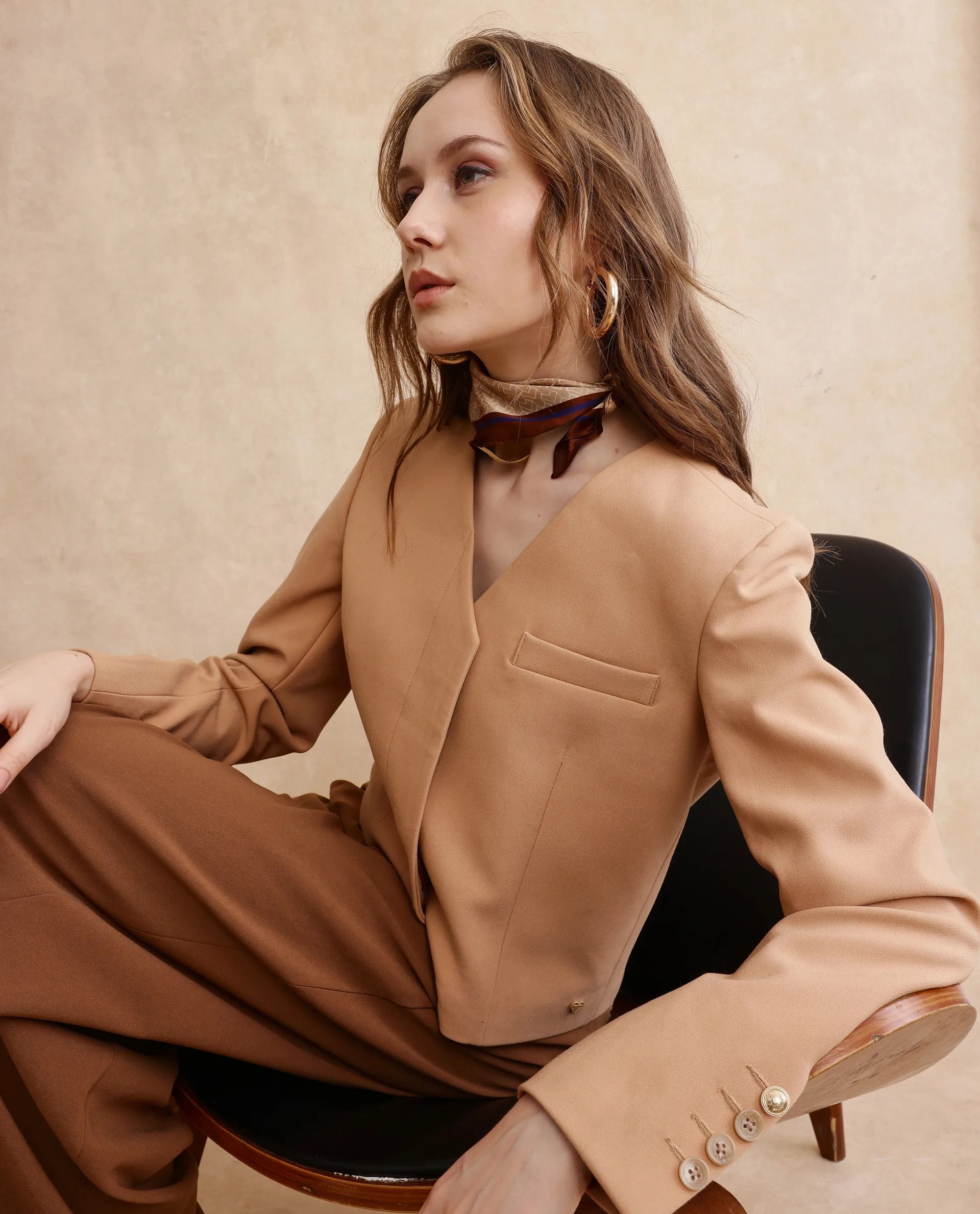 Rareism Women Castlei Beige Full Sleeve V-Neck Button Closure Plain Jacket