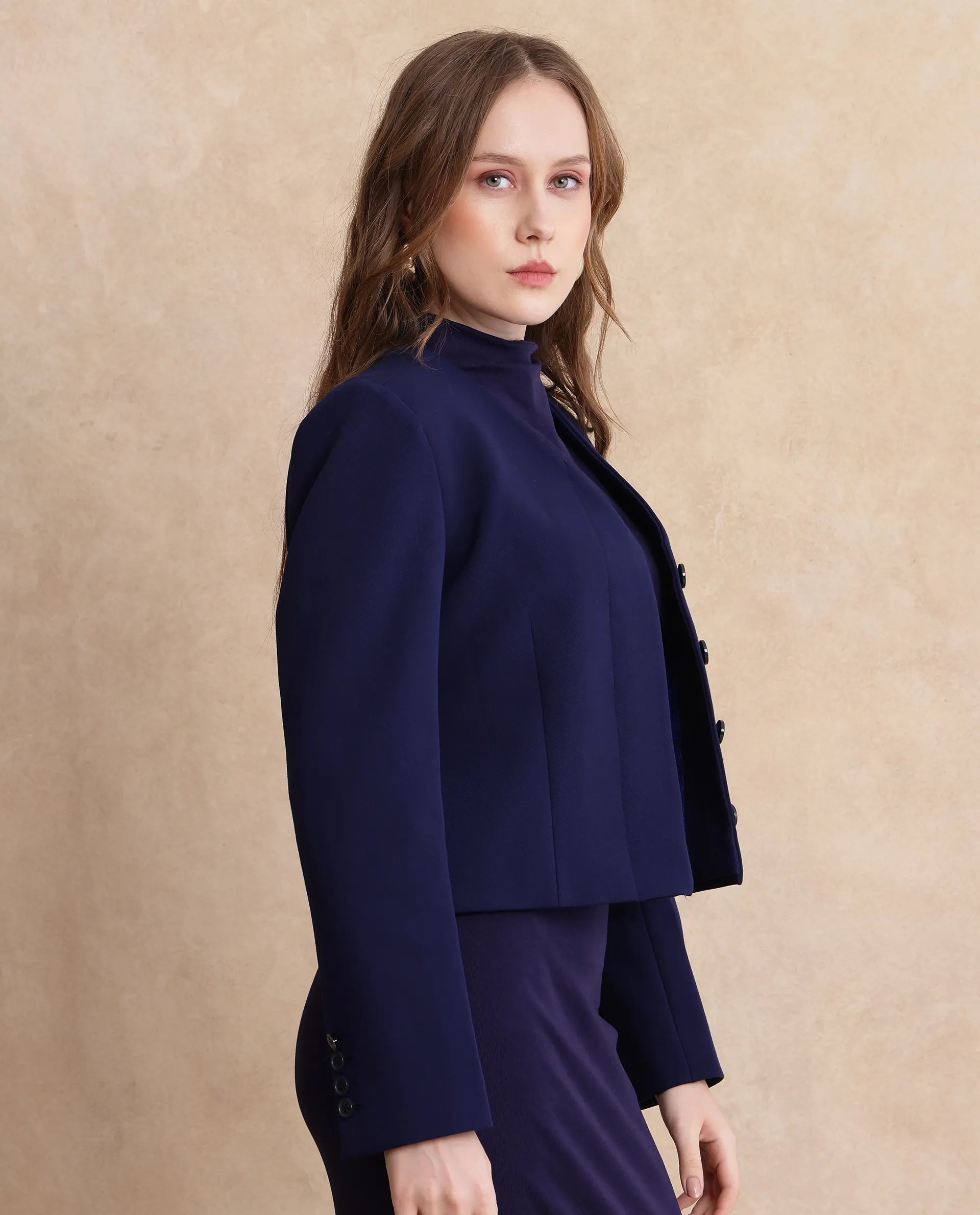Rareism Women Castlei Dark Navy Full Sleeve V-Neck Button Closure Plain Jacket