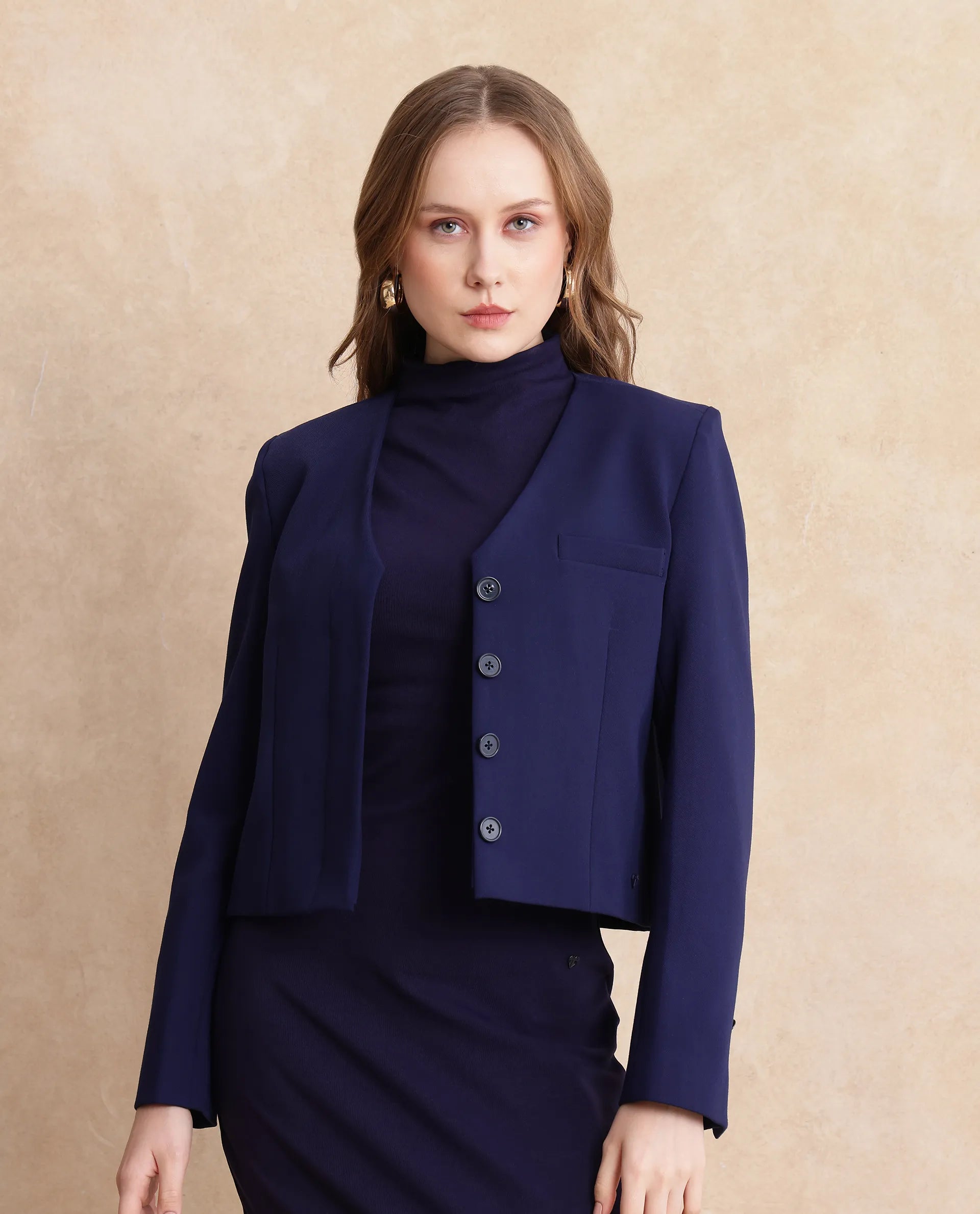 Rareism Women Castlei Dark Navy Full Sleeve V-Neck Button Closure Plain Jacket