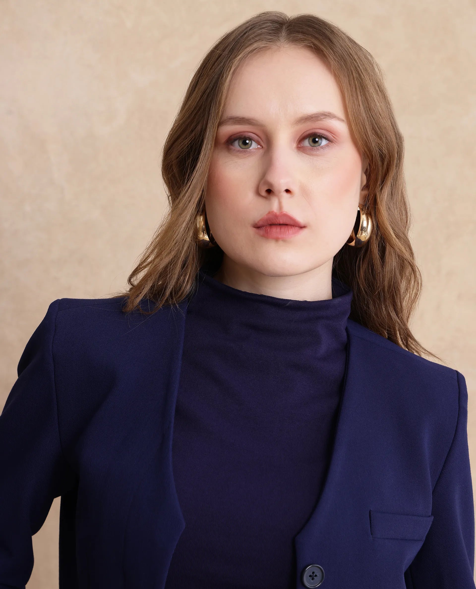 Rareism Women Castlei Dark Navy Full Sleeve V-Neck Button Closure Plain Jacket