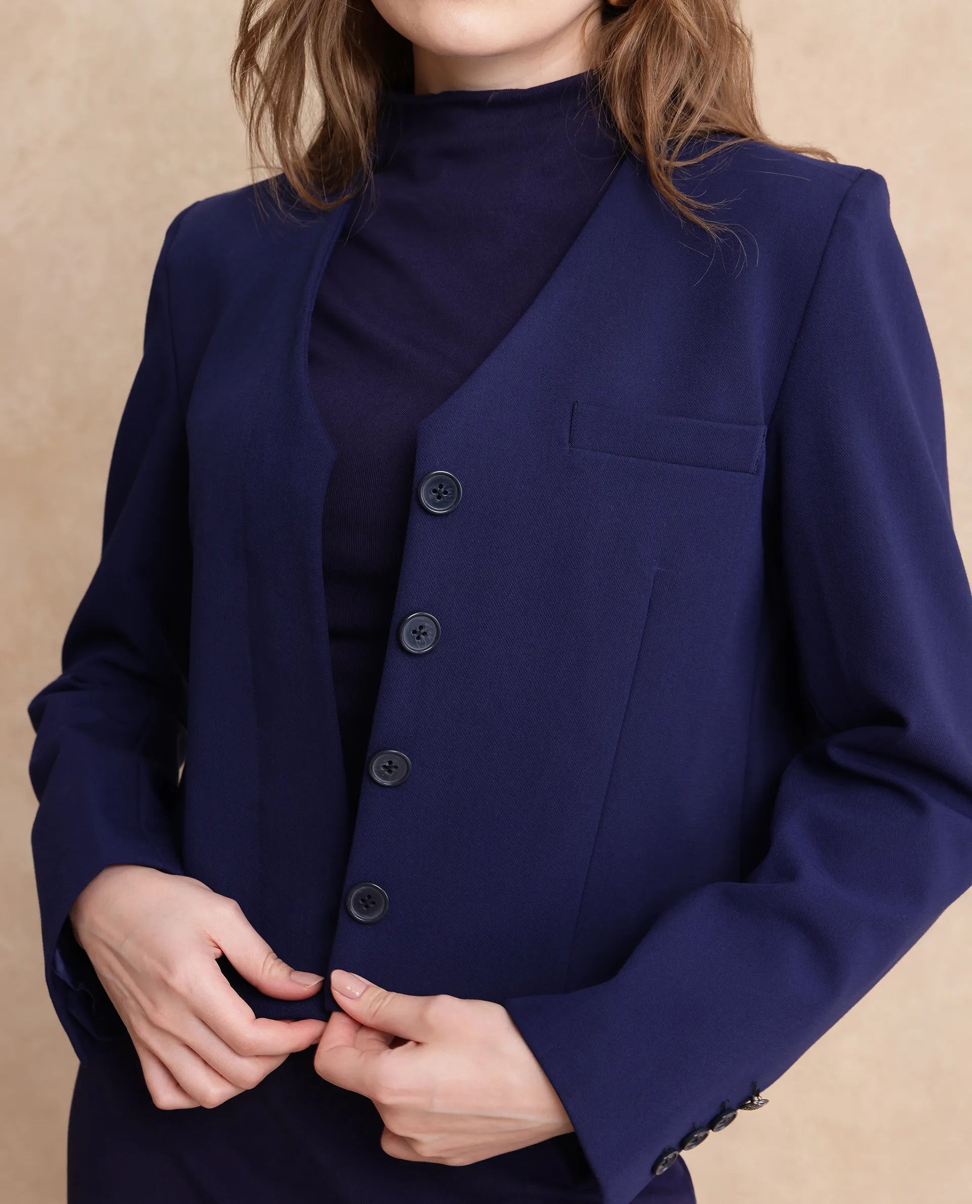 Rareism Women Castlei Dark Navy Full Sleeve V-Neck Button Closure Plain Jacket