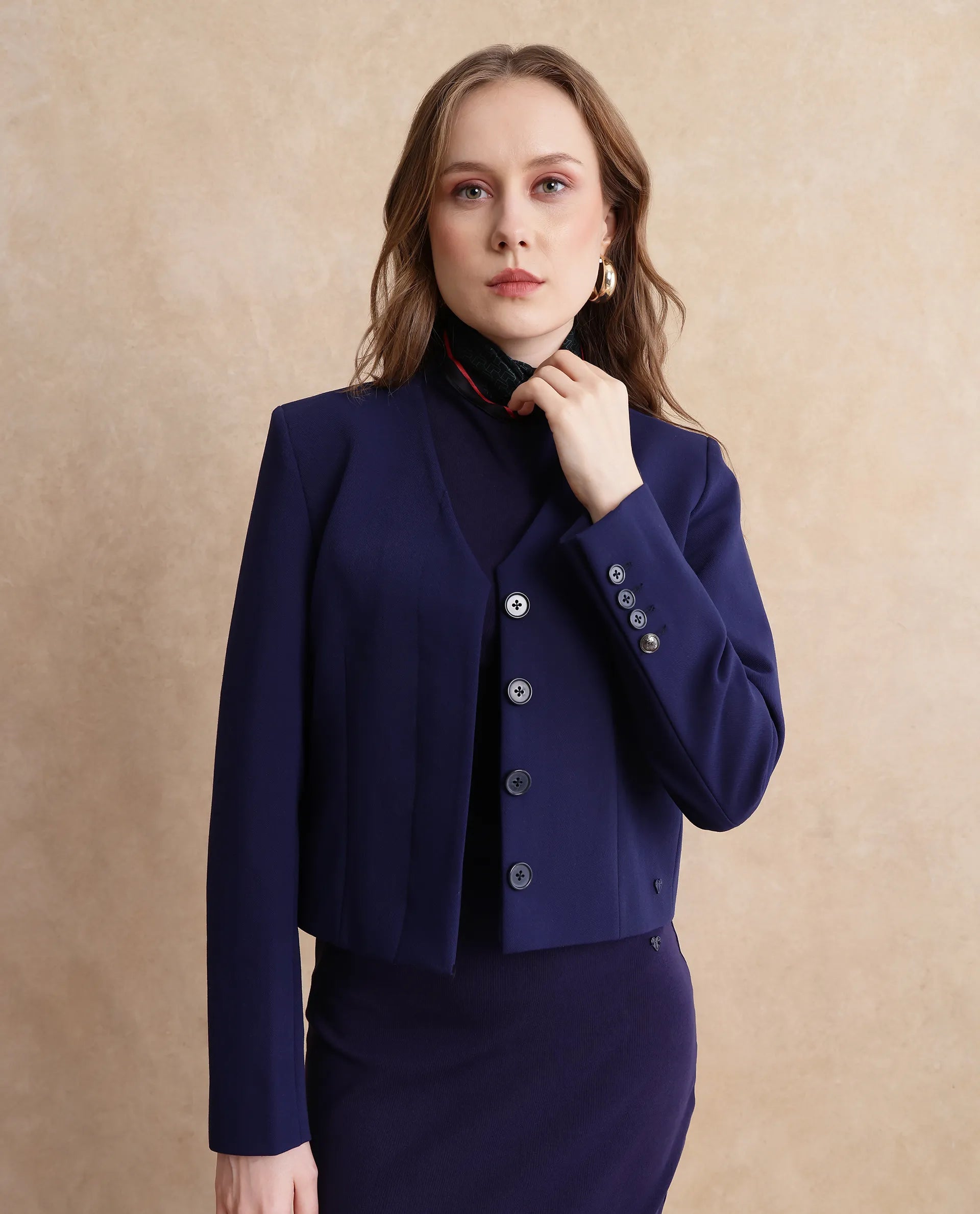Rareism Women Castlei Dark Navy Full Sleeve V-Neck Button Closure Plain Jacket