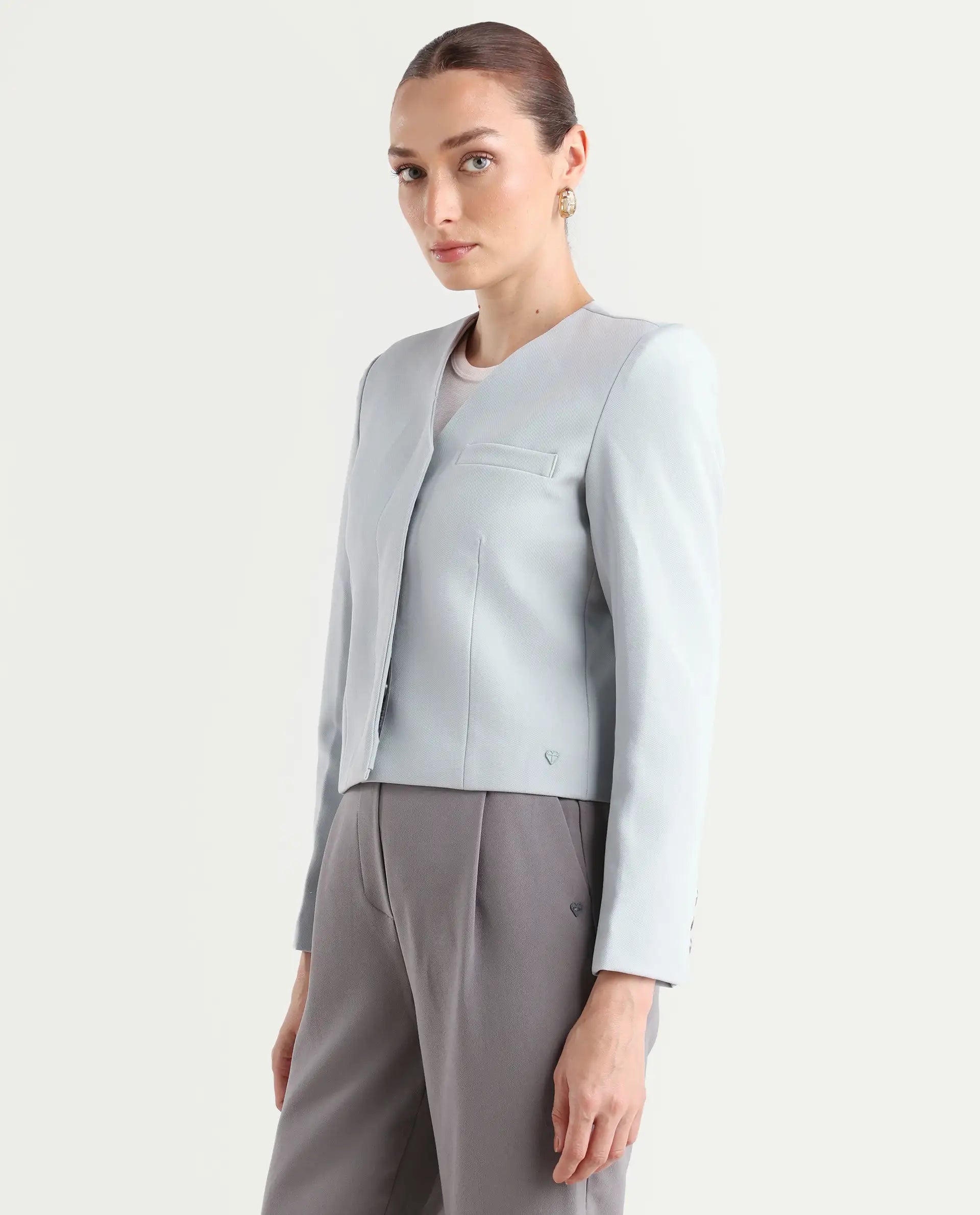 Rareism Women's Castlei Light Grey V-Neck Plain Regular Fit Jacket