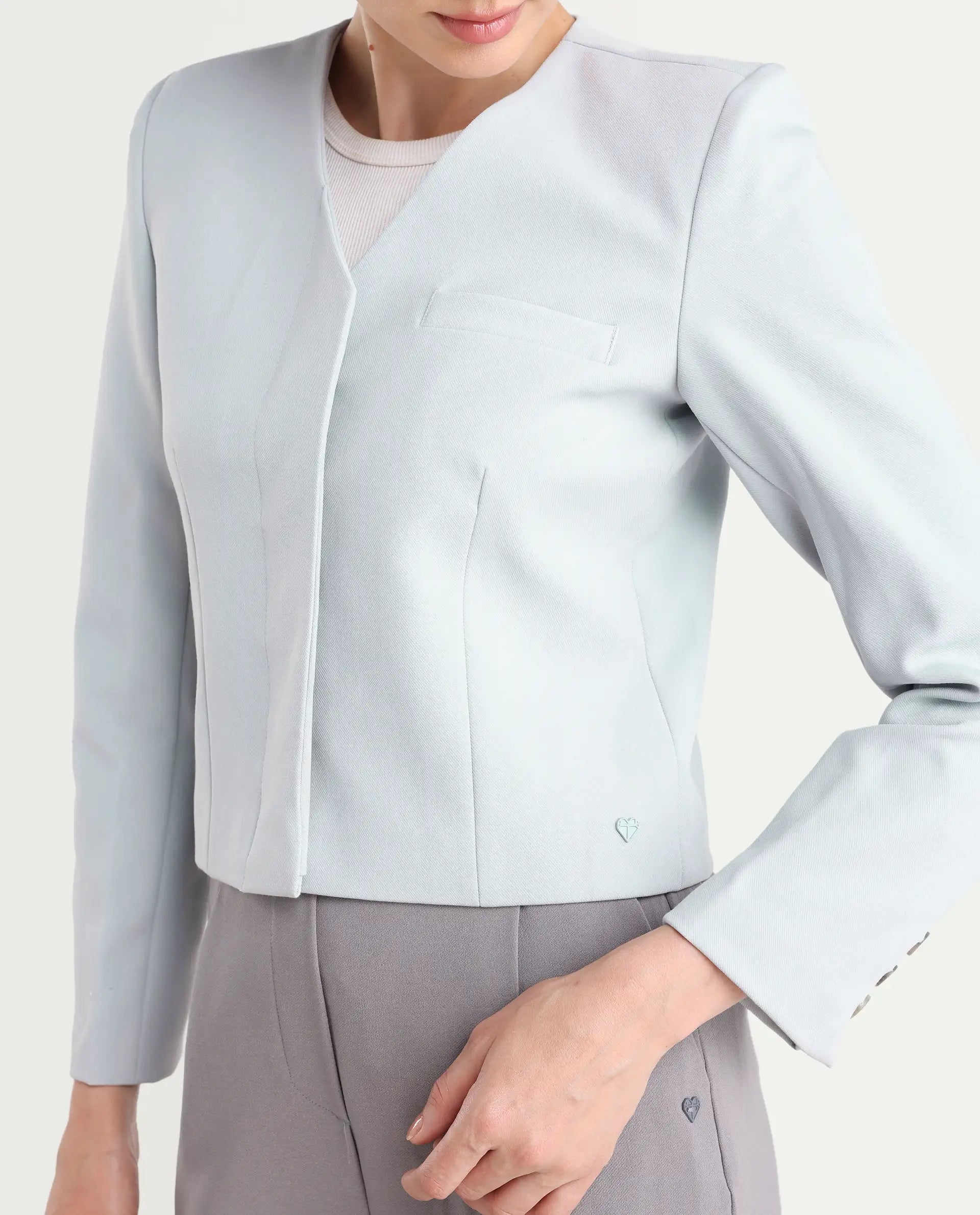 Rareism Women's Castlei Light Grey V-Neck Plain Regular Fit Jacket