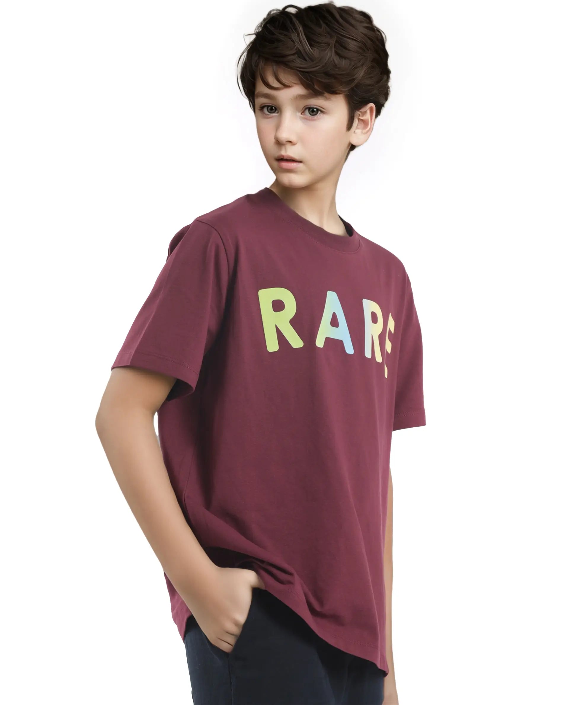 Rare Ones Kids Cati Dark Maroon Cotton Fabric Half Sleeves Crew Neck Graphic Print T-Shirt