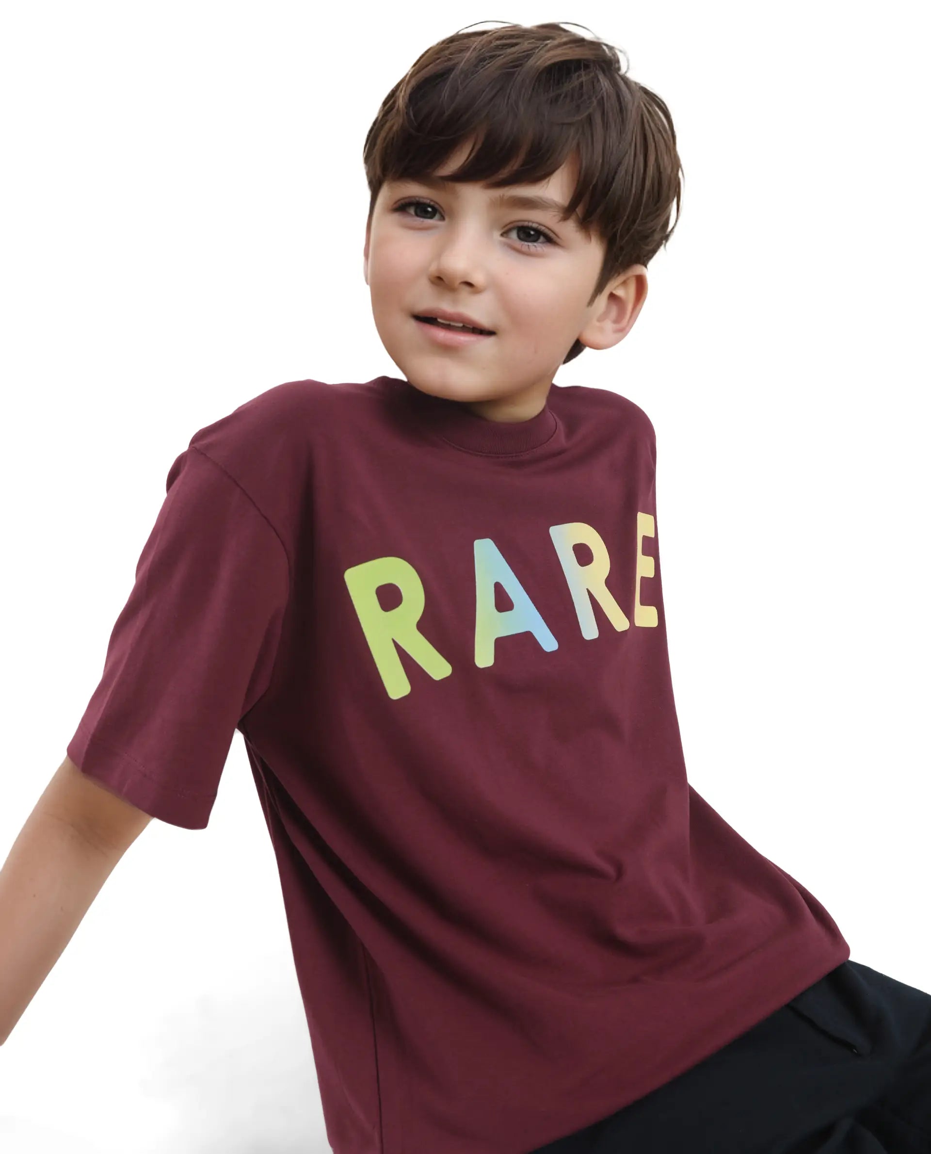 Rare Ones Kids Cati Dark Maroon Cotton Fabric Half Sleeves Crew Neck Graphic Print T-Shirt