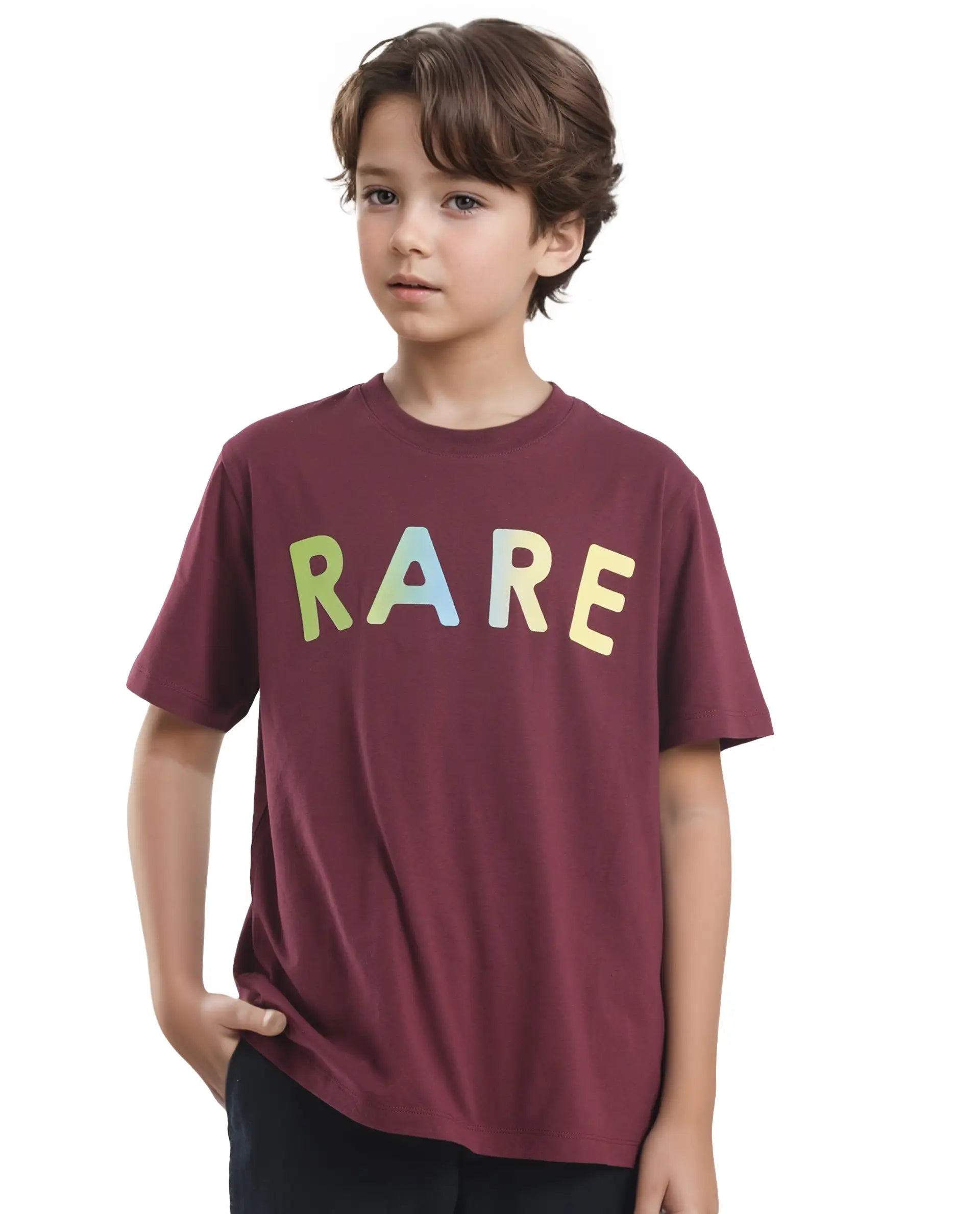 Rare Ones Kids Cati Dark Maroon Cotton Fabric Half Sleeves Crew Neck Graphic Print T-Shirt