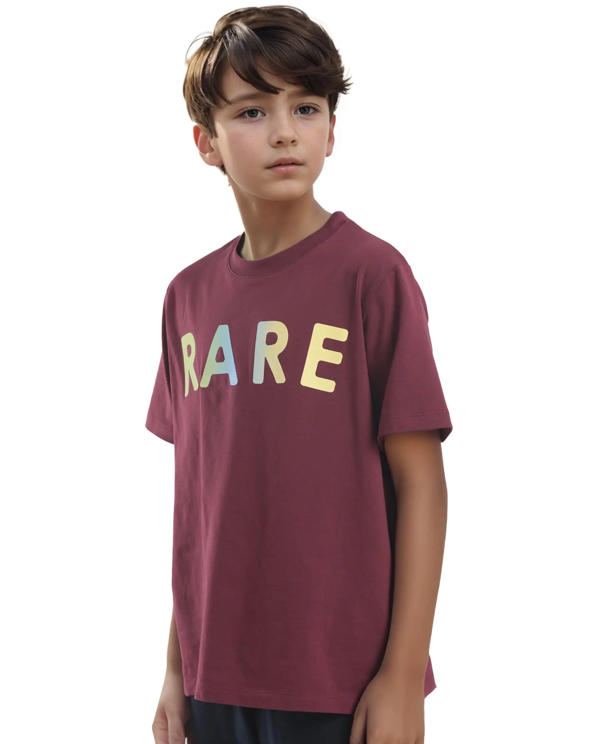 Rare Ones Kids Cati Dark Maroon Cotton Fabric Half Sleeves Crew Neck Graphic Print T-Shirt