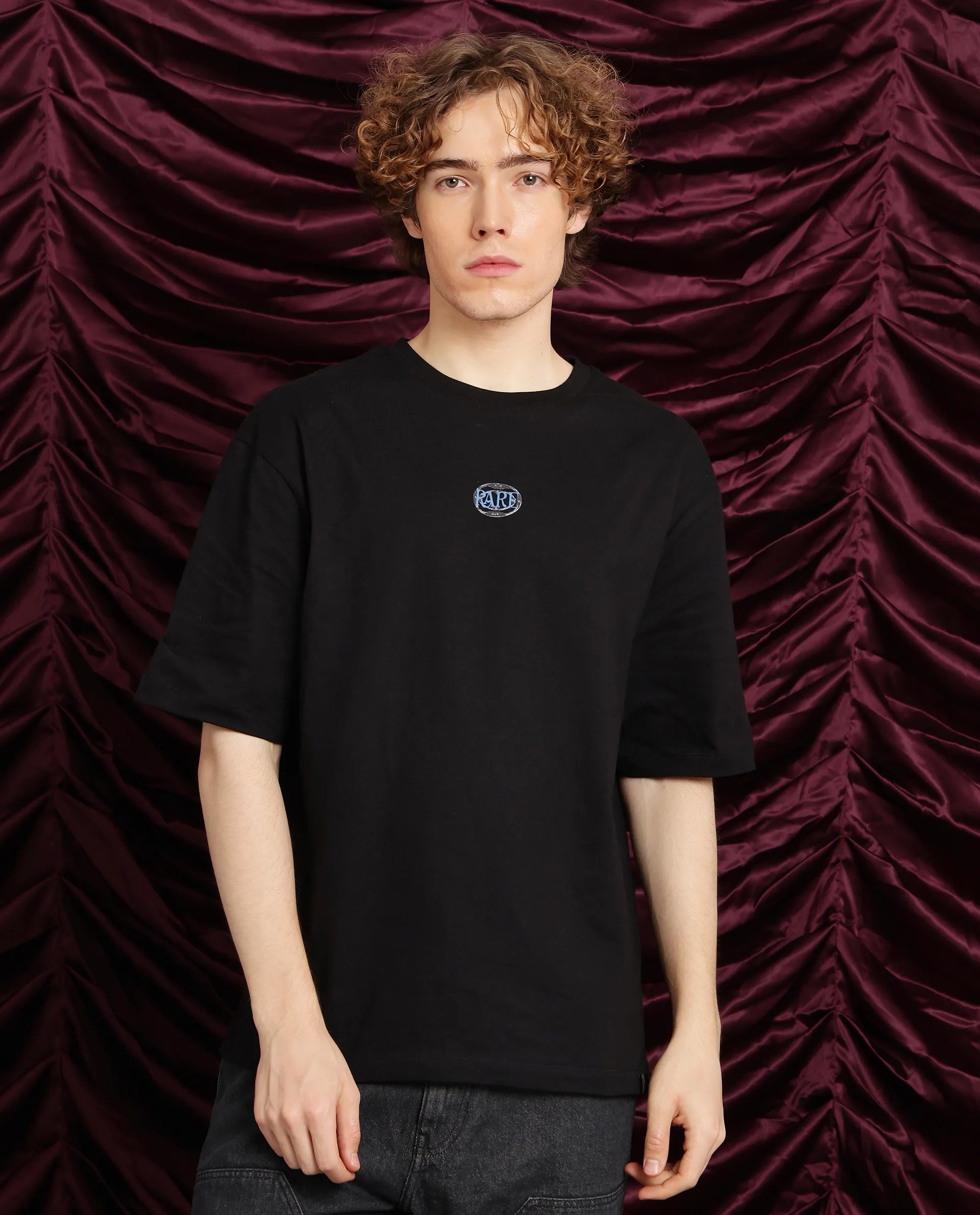 Rare Rabbit Men Cato Black Cotton Fabric Short Sleeve Crew Neck Boxy Fit Graphic Print T-Shirt