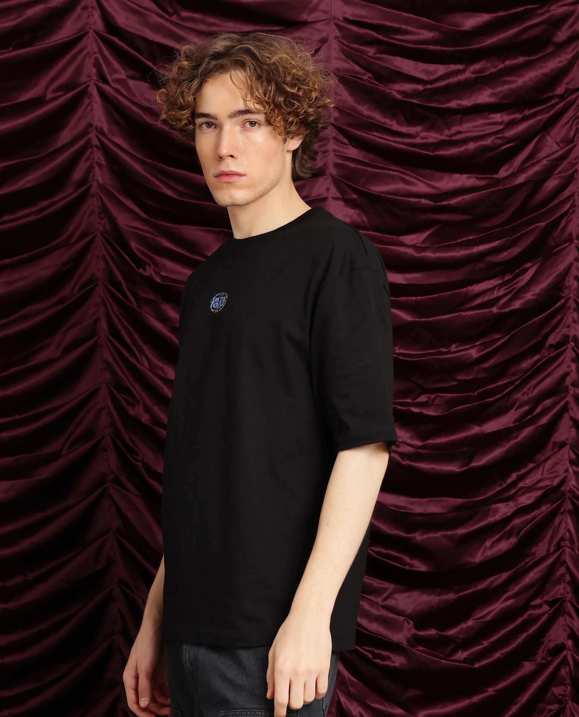 Rare Rabbit Men Cato Black Cotton Fabric Short Sleeve Crew Neck Boxy Fit Graphic Print T-Shirt