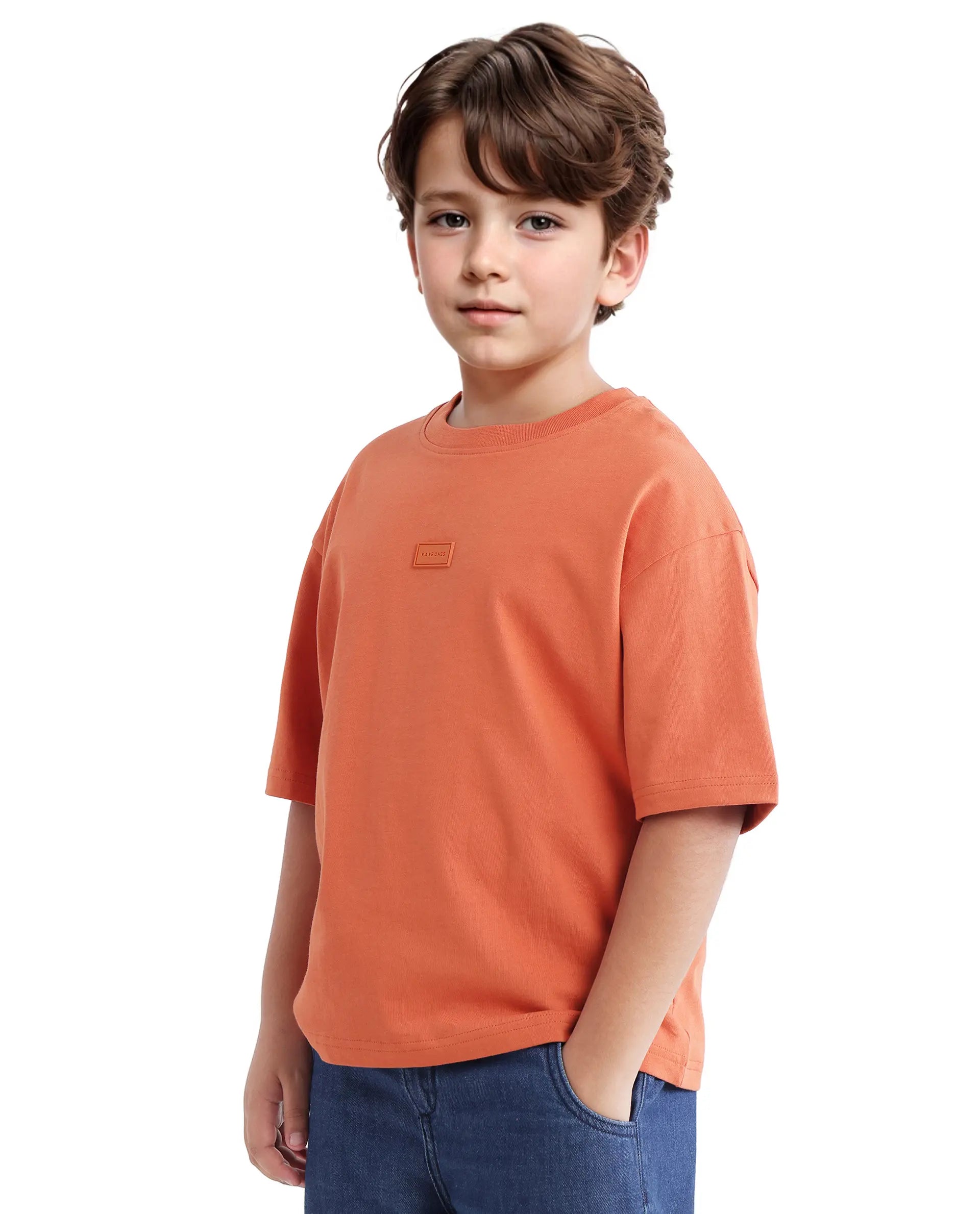 Rare Ones Kids Cato-K Orange Cotton Half Sleeve Slip-On Printed Boxy Fit T-Shirt
