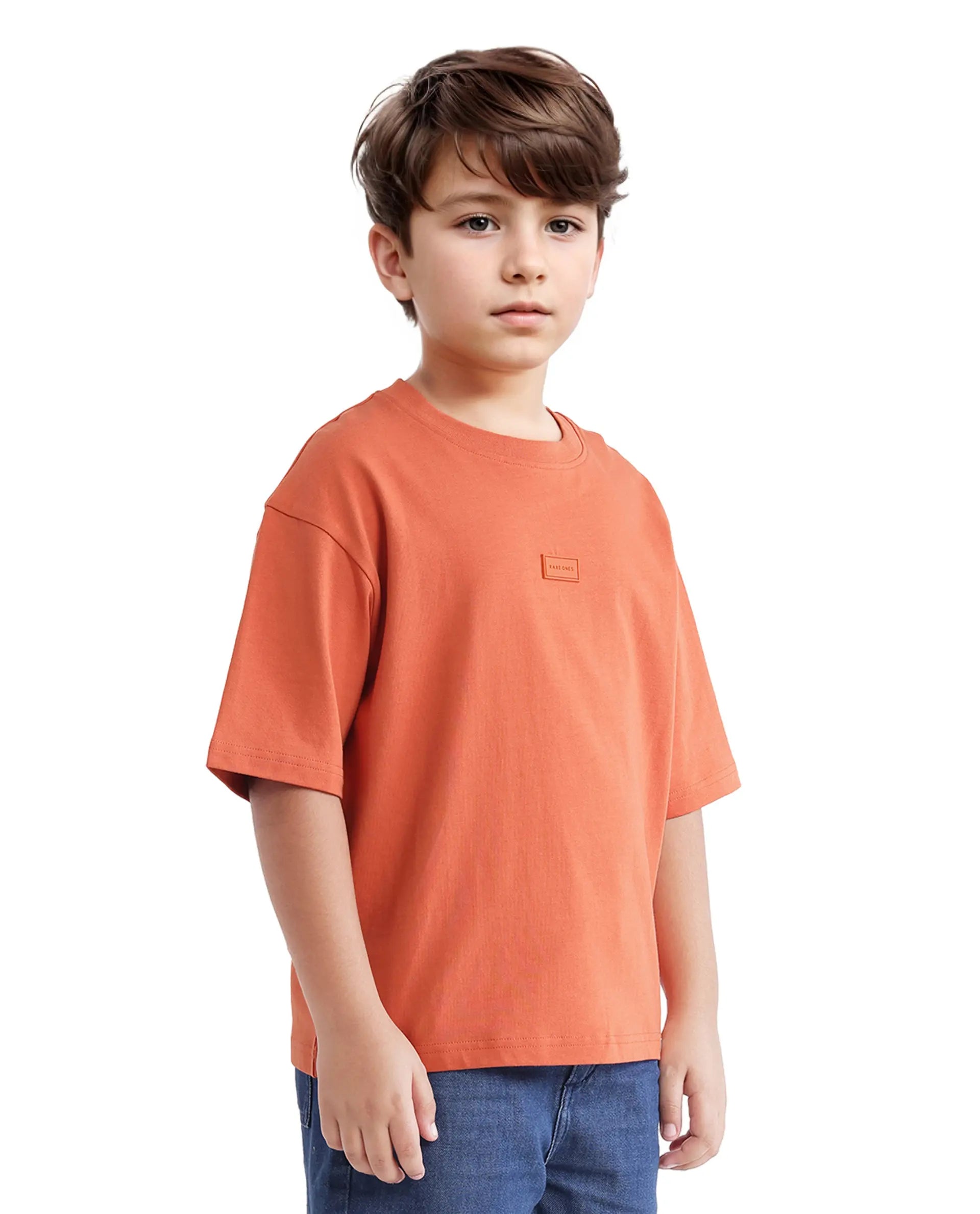 Rare Ones Kids Cato-K Orange Cotton Half Sleeve Slip-On Printed Boxy Fit T-Shirt