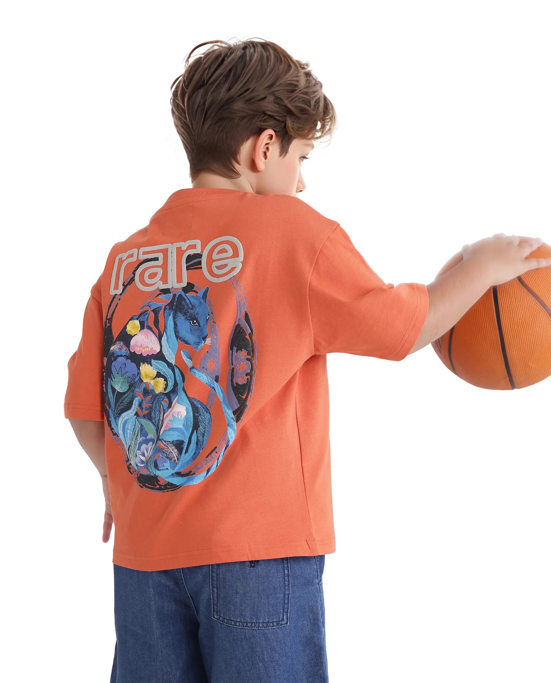 Rare Ones Kids Cato-K Orange Cotton Half Sleeve Slip-On Printed Boxy Fit T-Shirt