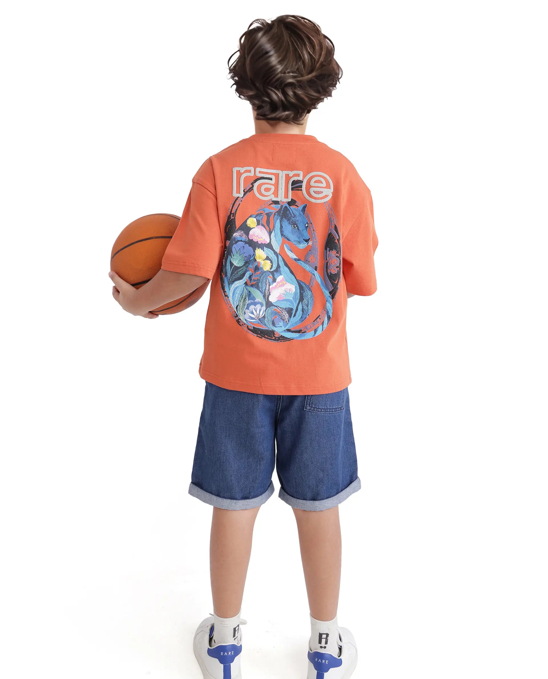Rare Ones Kids Cato-K Orange Cotton Half Sleeve Slip-On Printed Boxy Fit T-Shirt
