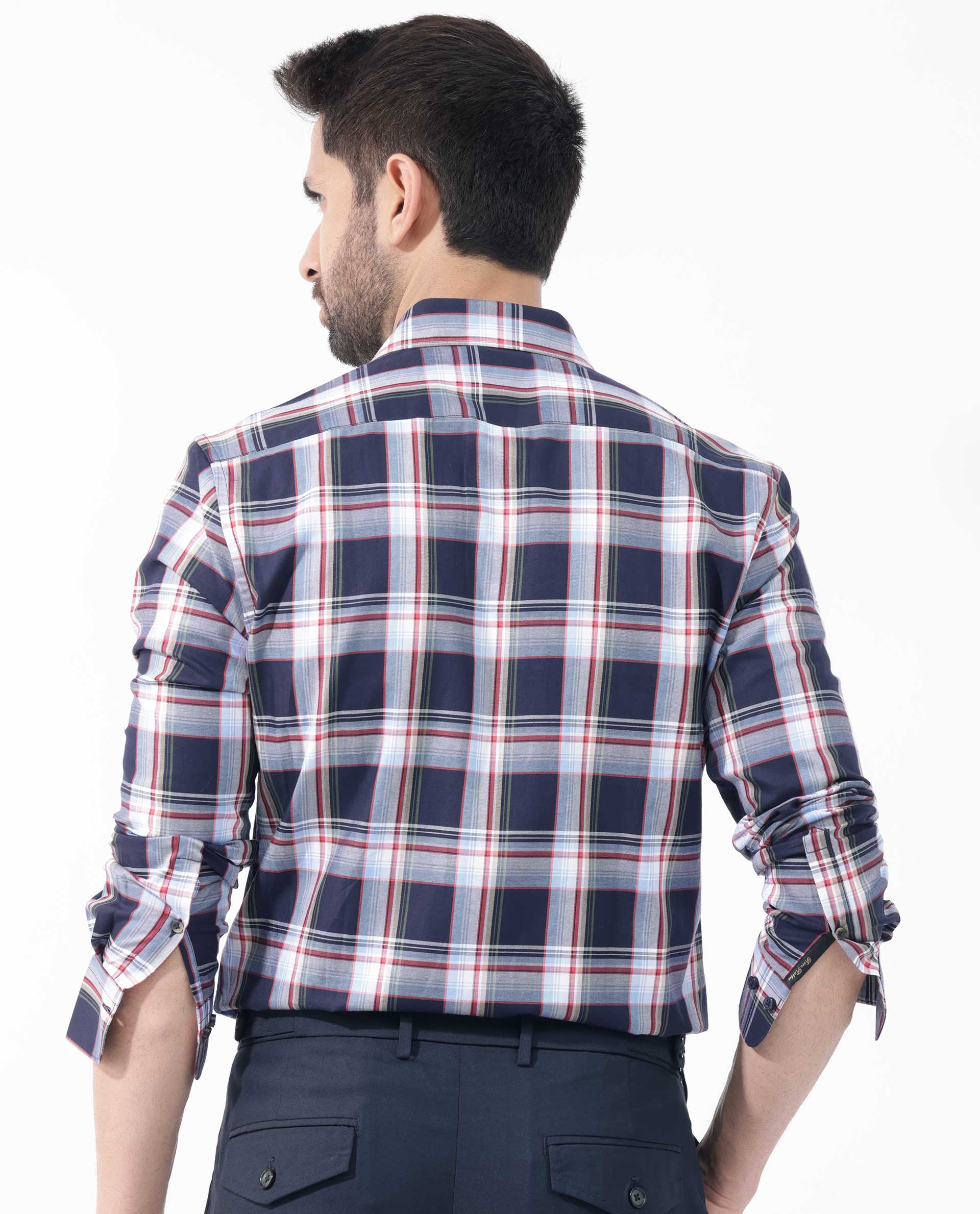 Rare Rabbit Men's Caton Navy Cotton Fabric Full Sleeves Twill Checks Shirt