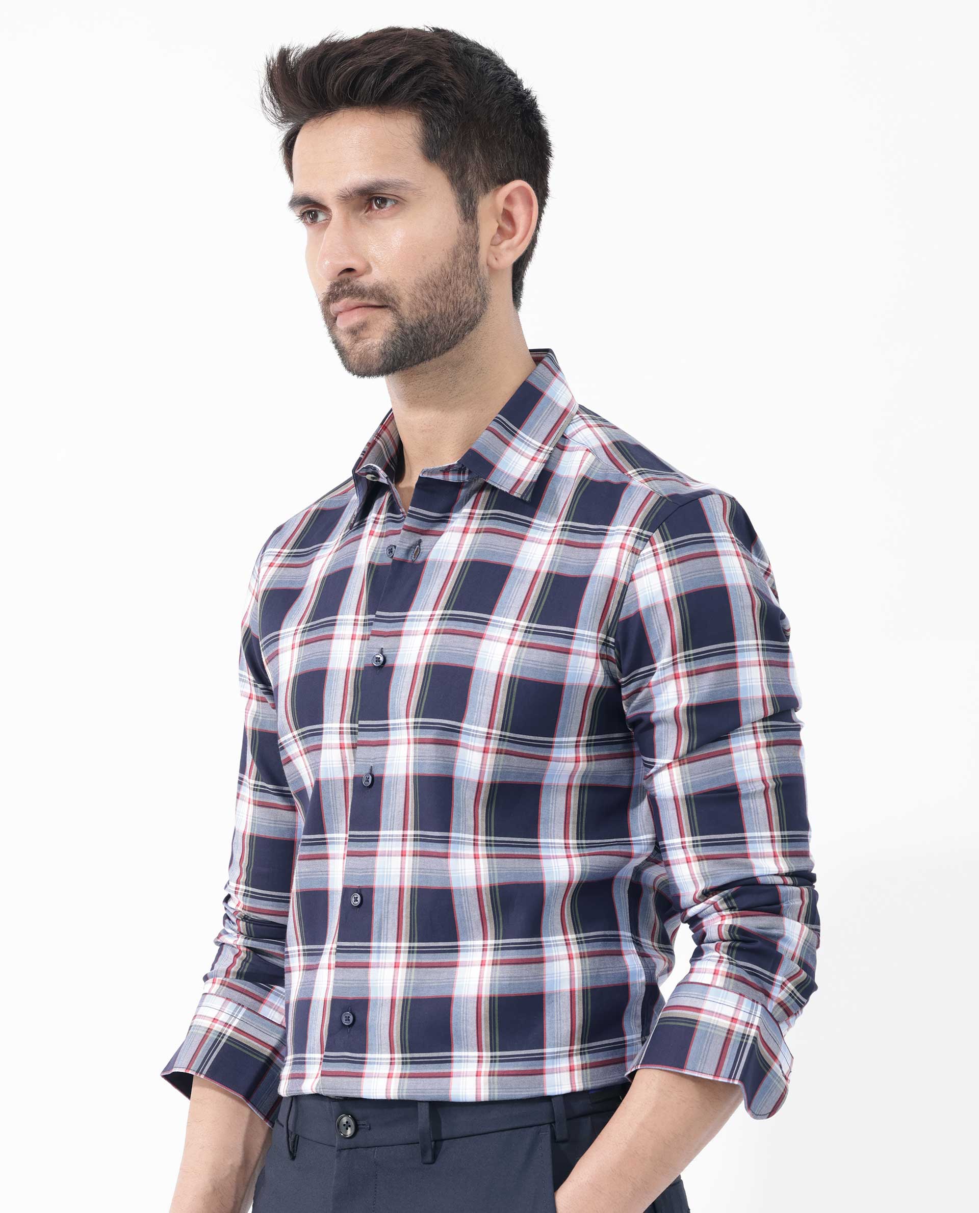 Rare Rabbit Men's Caton Navy Cotton Fabric Full Sleeves Twill Checks Shirt