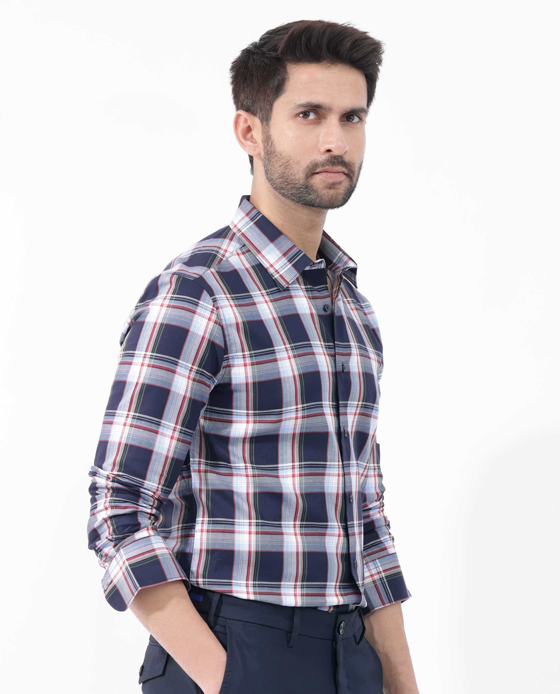 Rare Rabbit Men's Caton Navy Cotton Fabric Full Sleeves Twill Checks Shirt