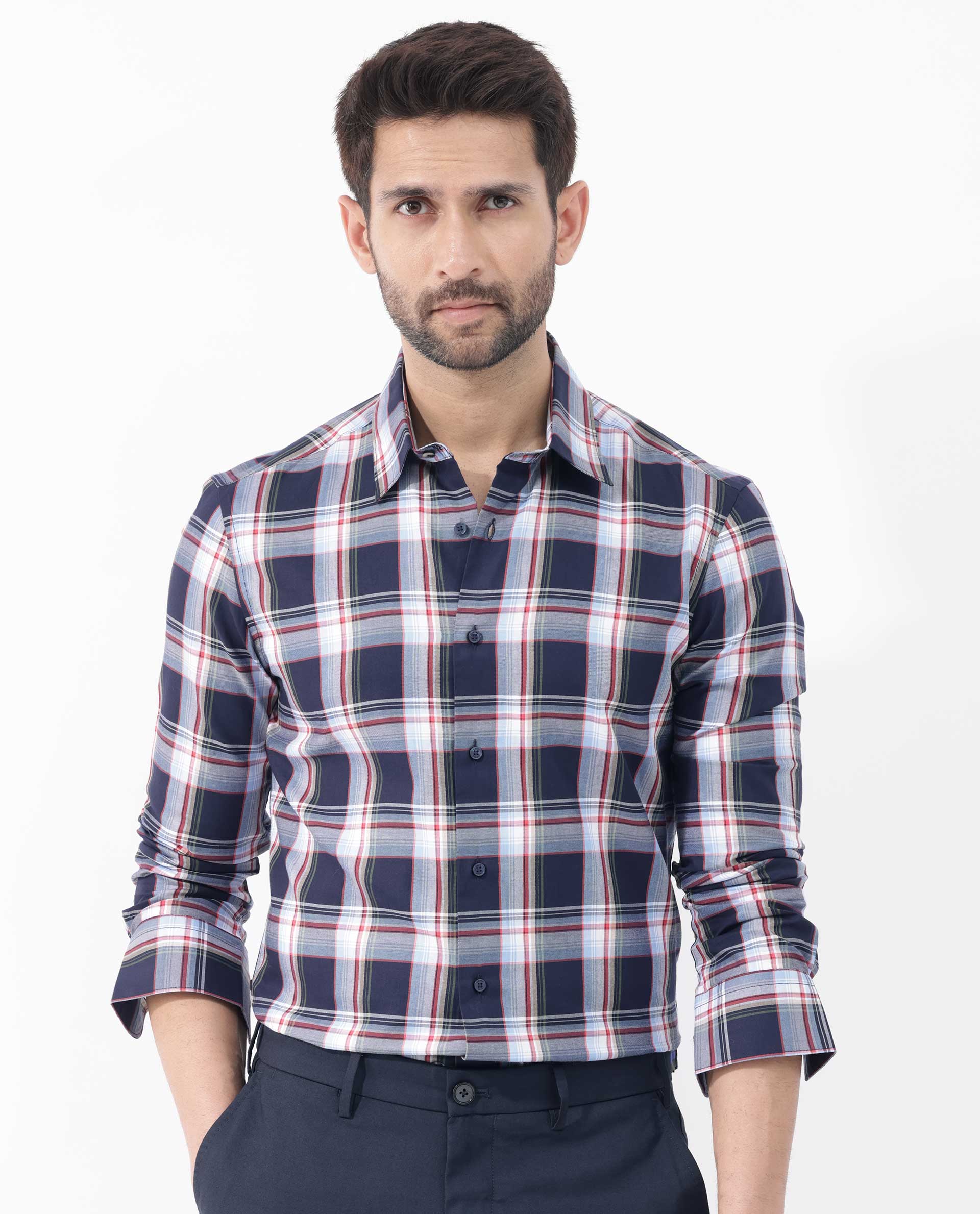 Rare Rabbit Men's Caton Navy Cotton Fabric Full Sleeves Twill Checks Shirt