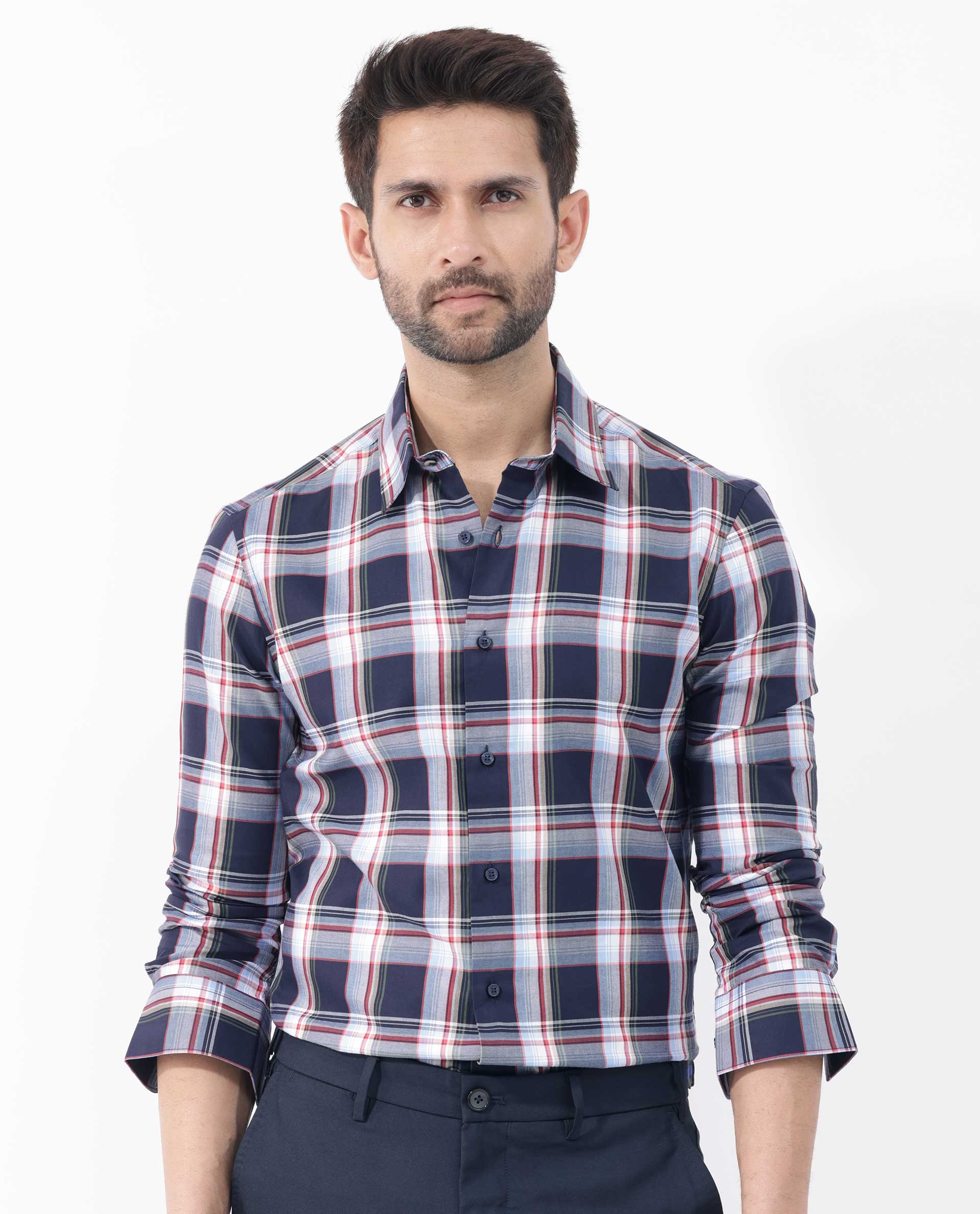 Rare Rabbit Men's Caton Navy Cotton Fabric Full Sleeves Twill Checks Shirt