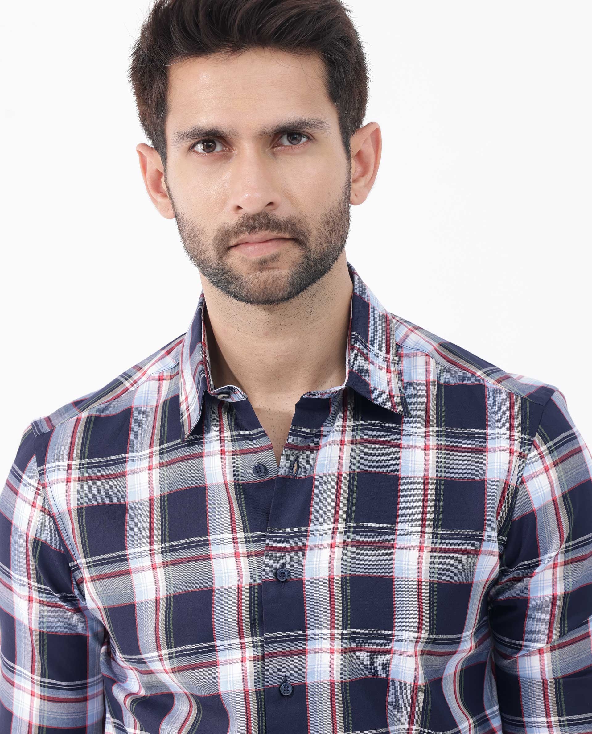 Rare Rabbit Men's Caton Navy Cotton Fabric Full Sleeves Twill Checks Shirt