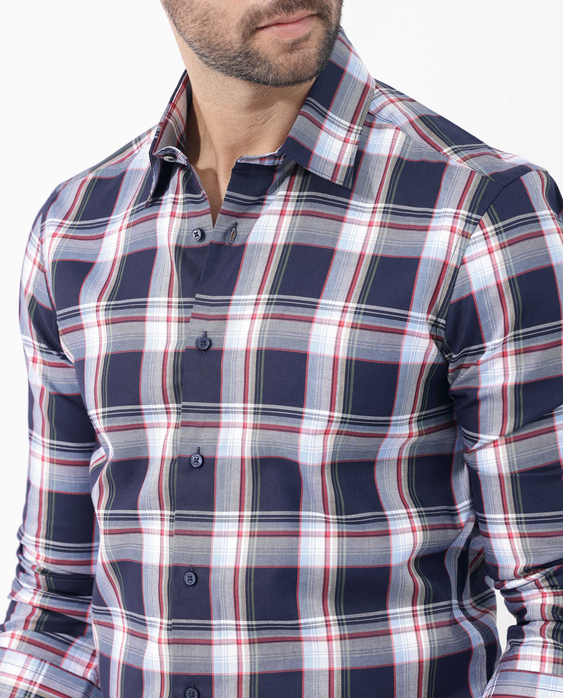 Rare Rabbit Men's Caton Navy Cotton Fabric Full Sleeves Twill Checks Shirt