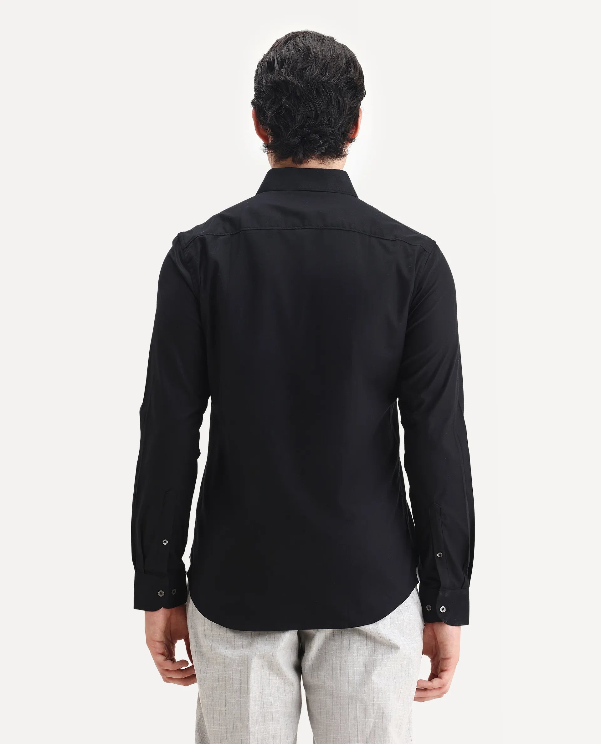 Rare Rabbit Men's Cavell Black Cotton Plain Regular Fit Full Sleeve Collared Shirt