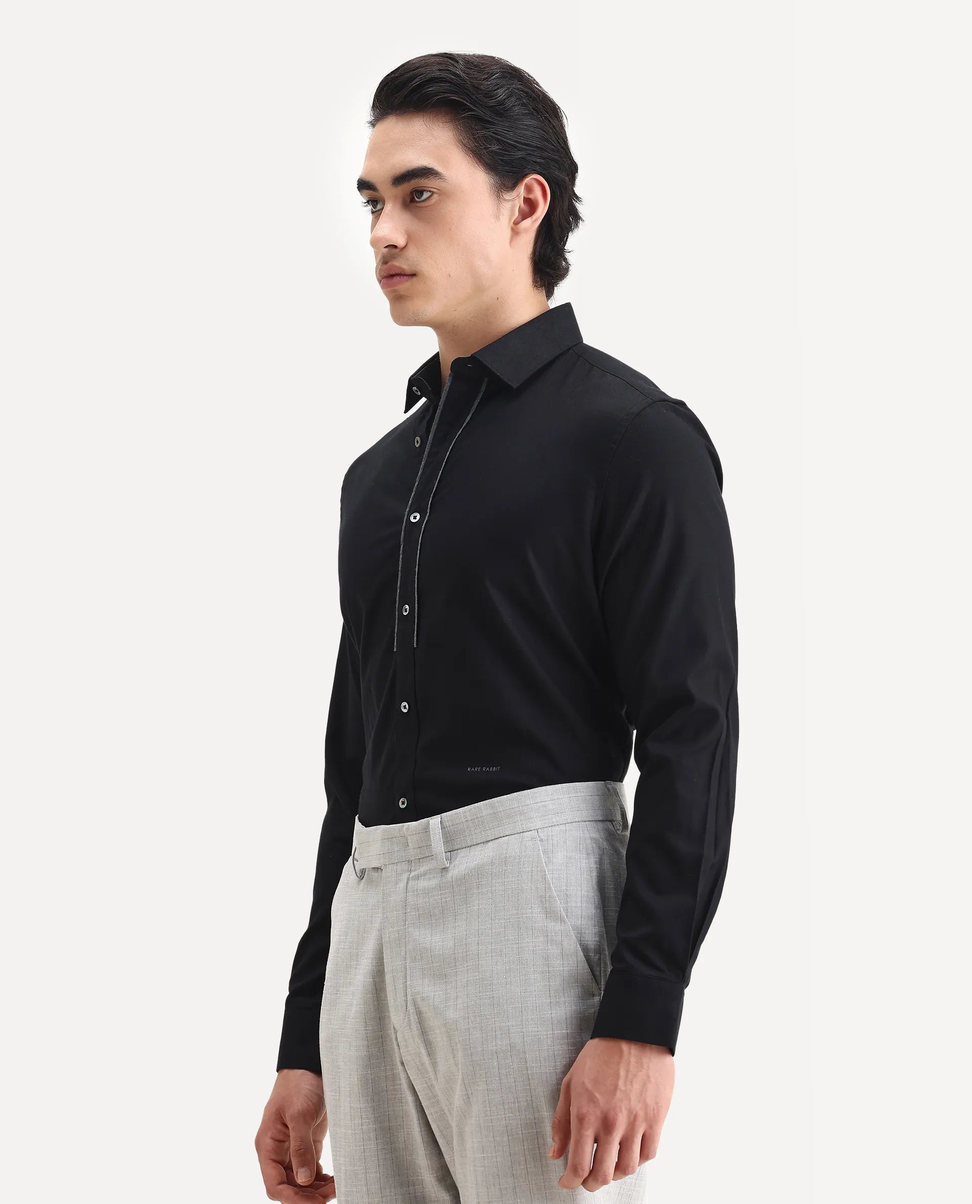 Rare Rabbit Men's Cavell Black Cotton Plain Regular Fit Full Sleeve Collared Shirt