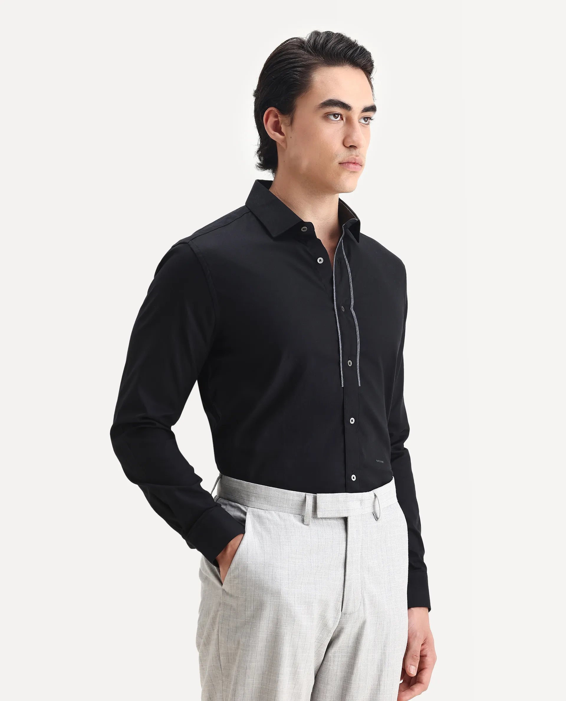 Rare Rabbit Men's Cavell Black Cotton Plain Regular Fit Full Sleeve Collared Shirt